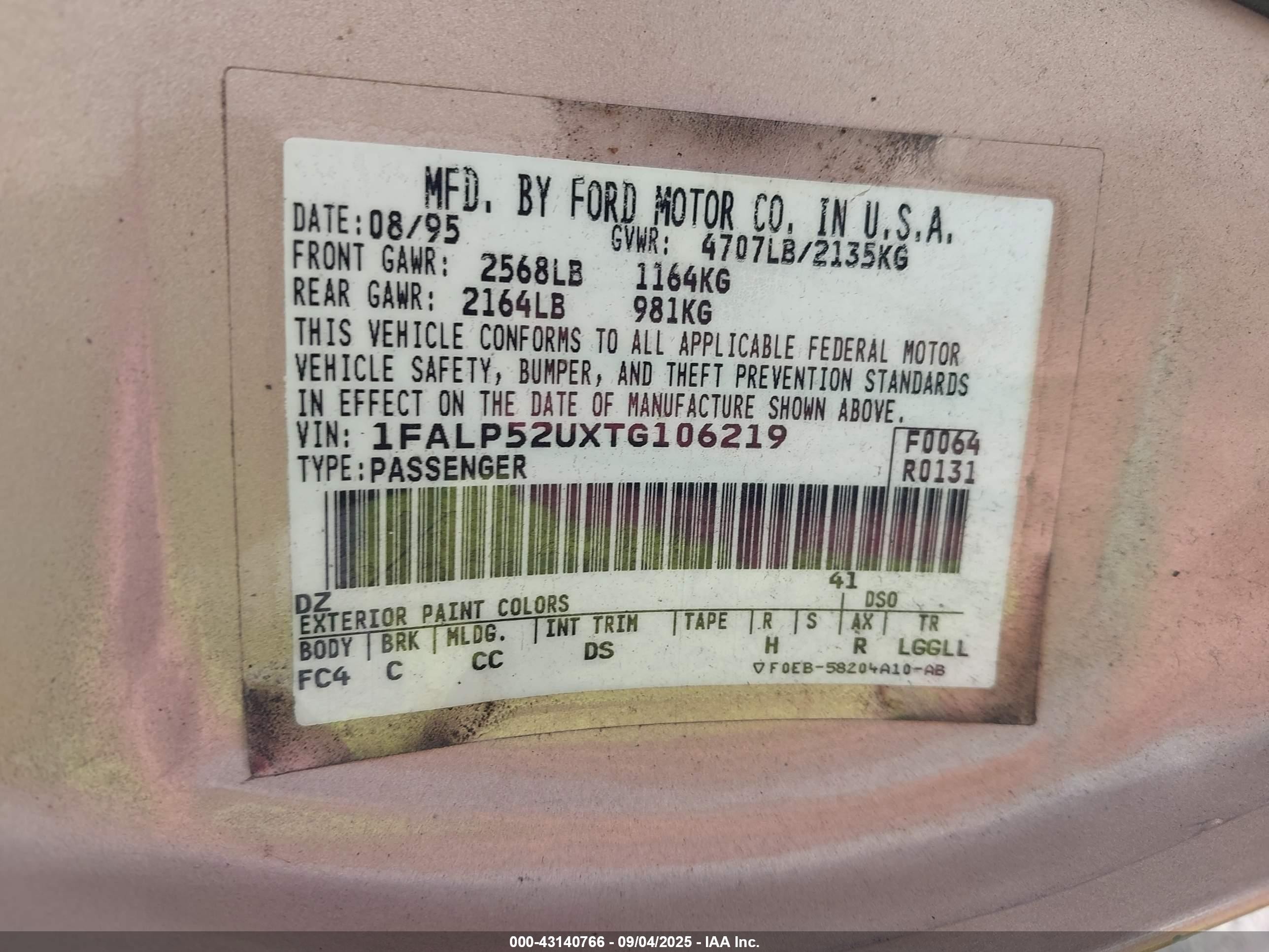 1996 Ford Taurus Gl Tan vin: 1FALP52UXTG106219