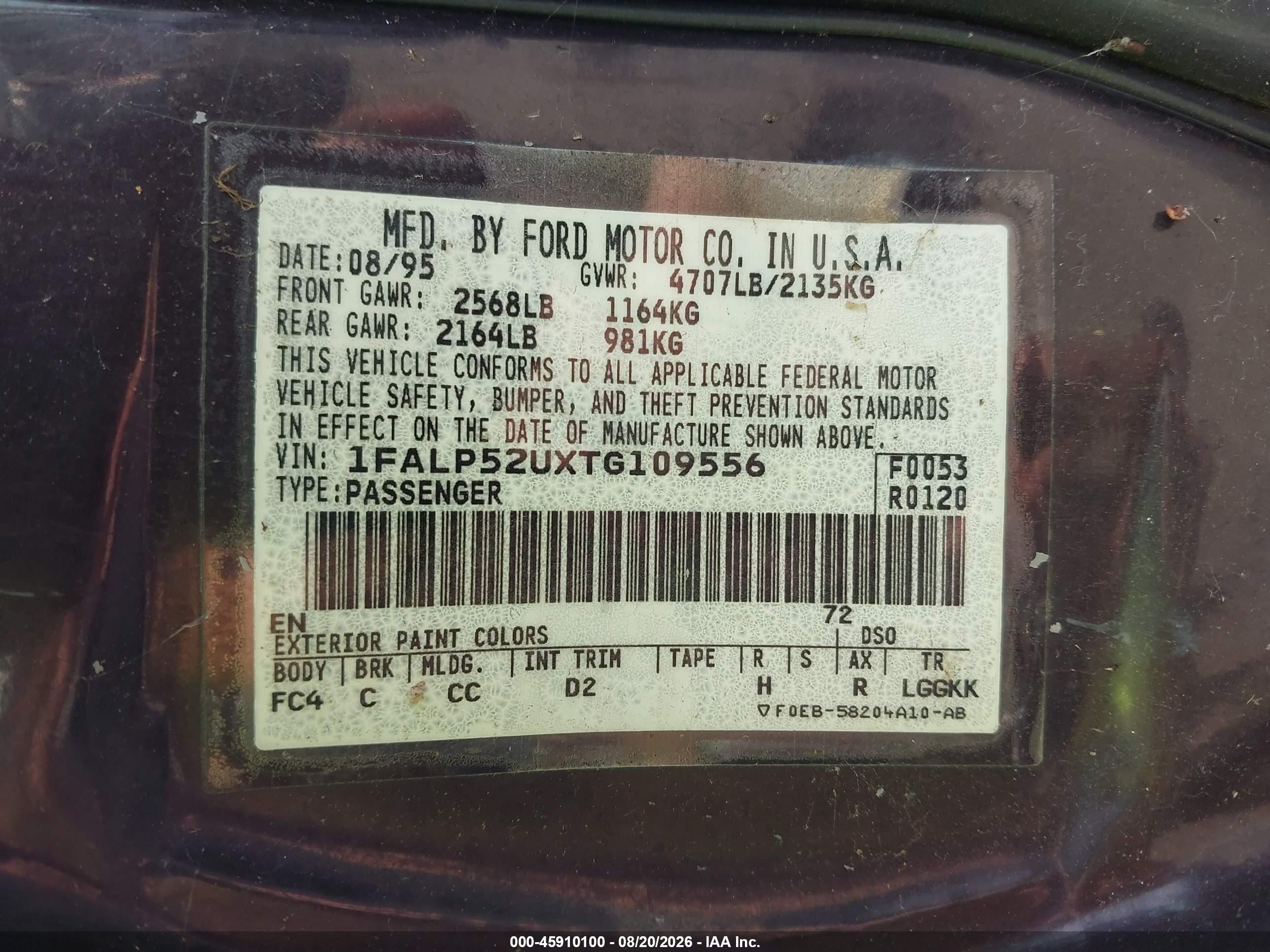 1996 Ford Taurus Gl Purple vin: 1FALP52UXTG109556