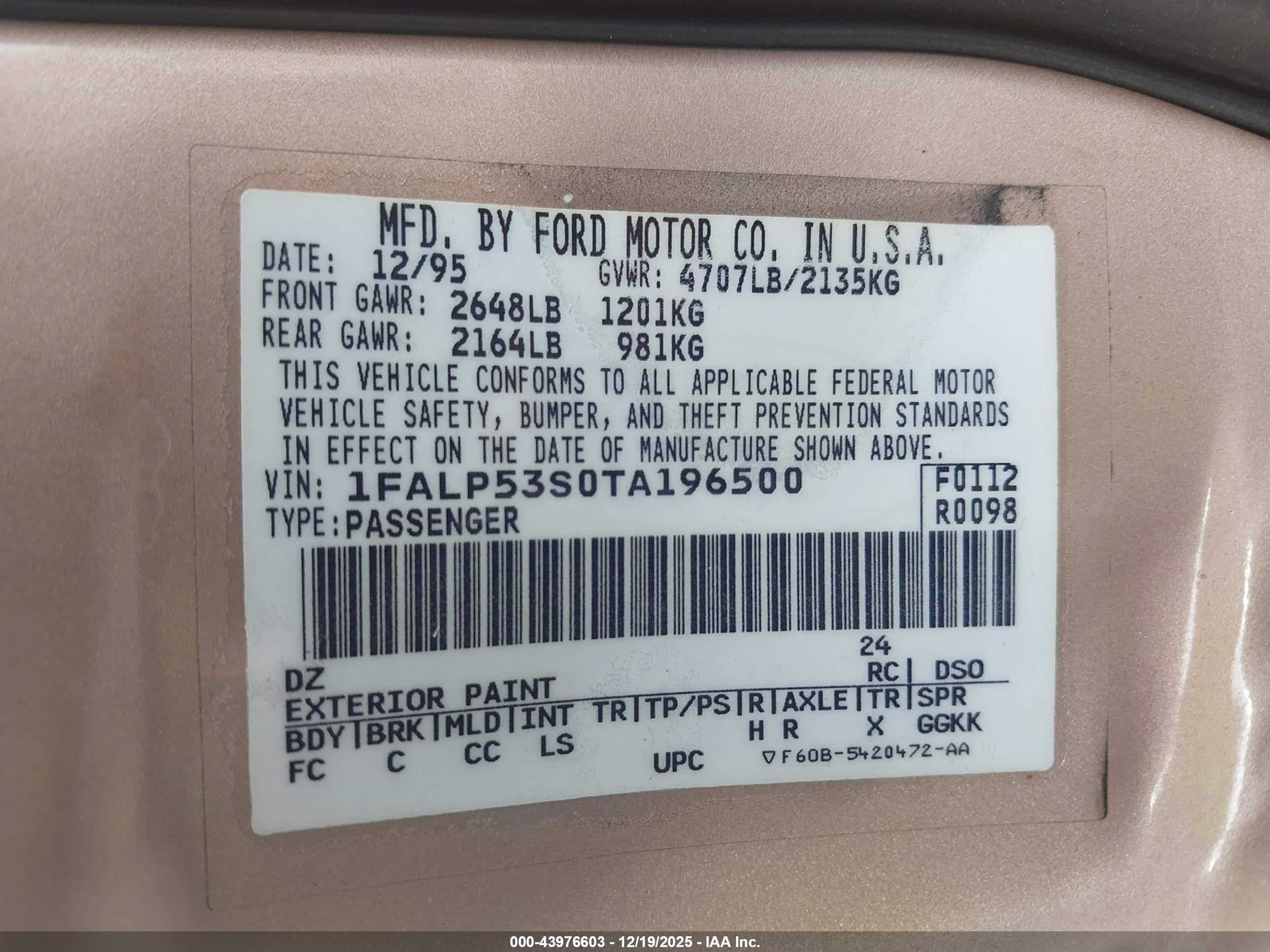 1996 Ford Taurus Lx Champagne vin: 1FALP53S0TA196500