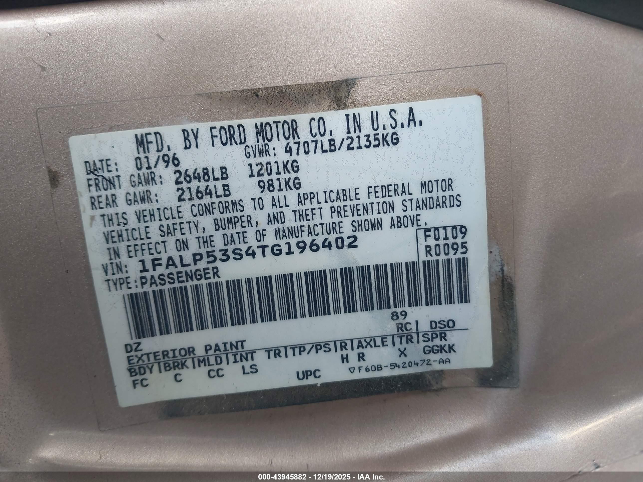 1996 Ford Taurus Lx Gold vin: 1FALP53S4TG196402