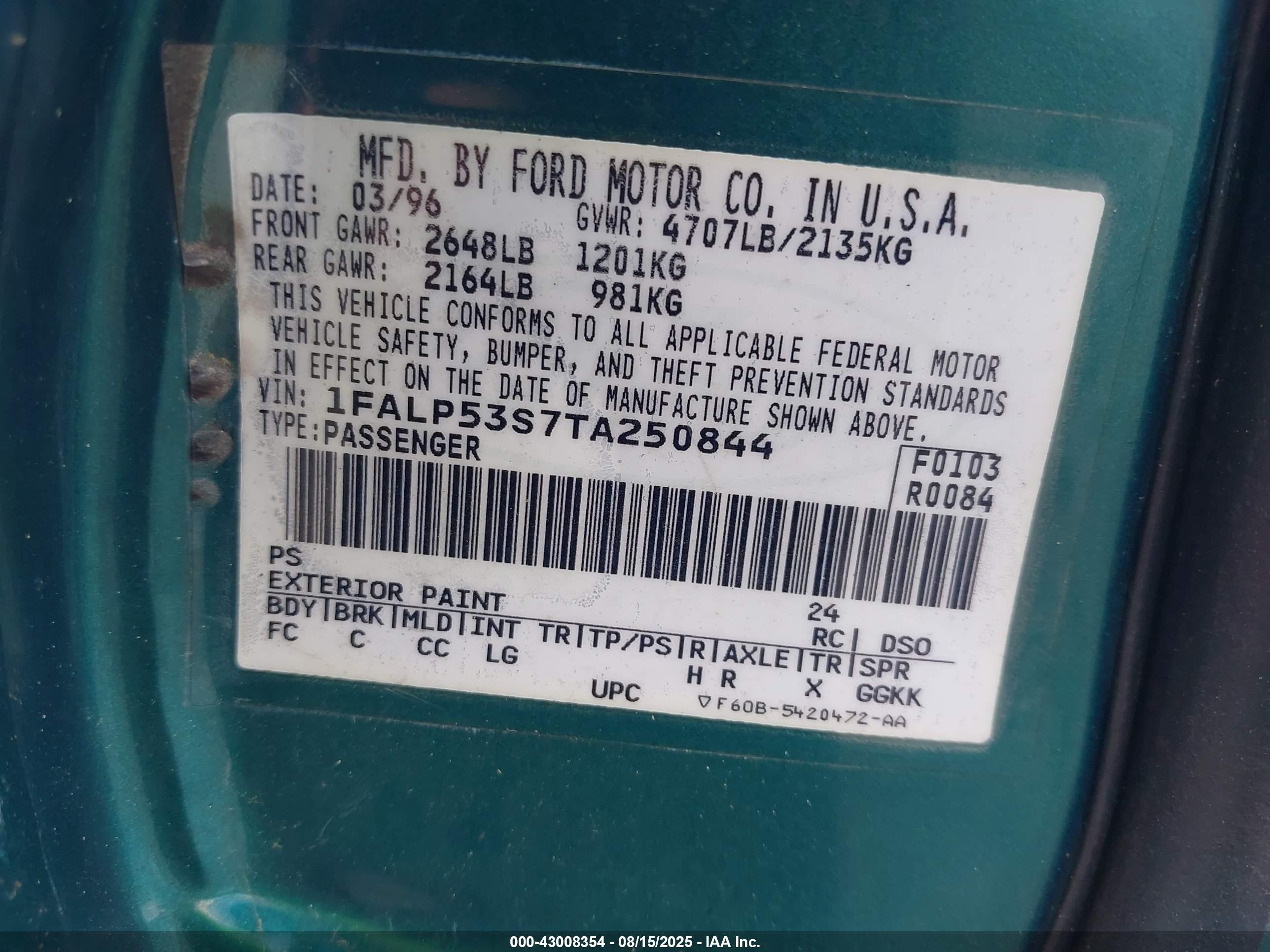 1996 Ford Taurus Lx Green vin: 1FALP53S7TA250844