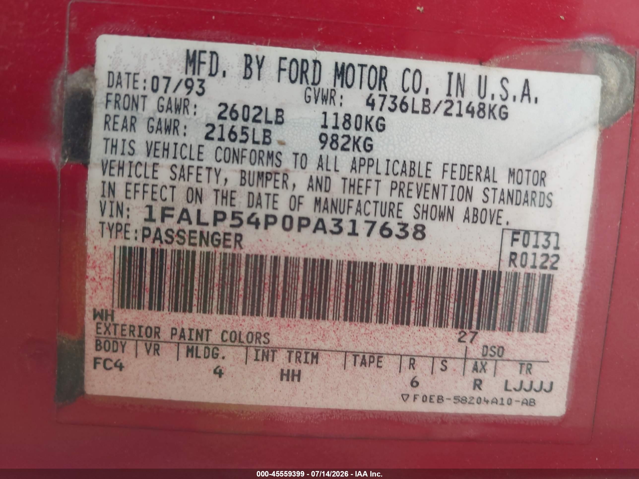 1993 Ford Taurus Sho Red vin: 1FALP54P0PA317638