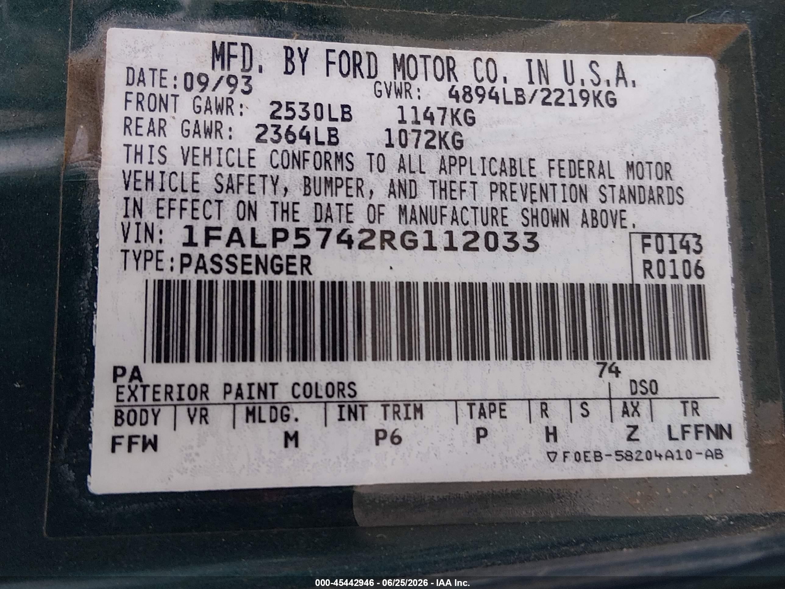 1994 Ford Taurus Gl Green vin: 1FALP5742RG112033