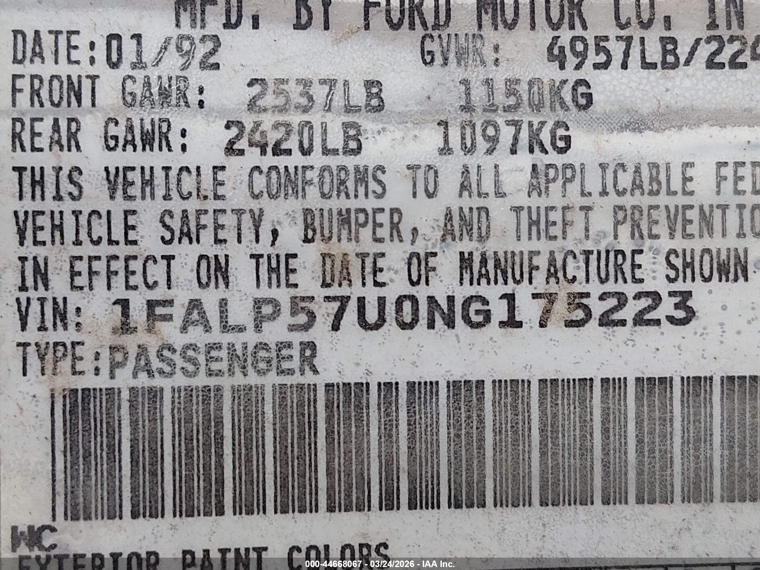 1992 Ford Taurus Gl Blue vin: 1FALP57U0NG175223