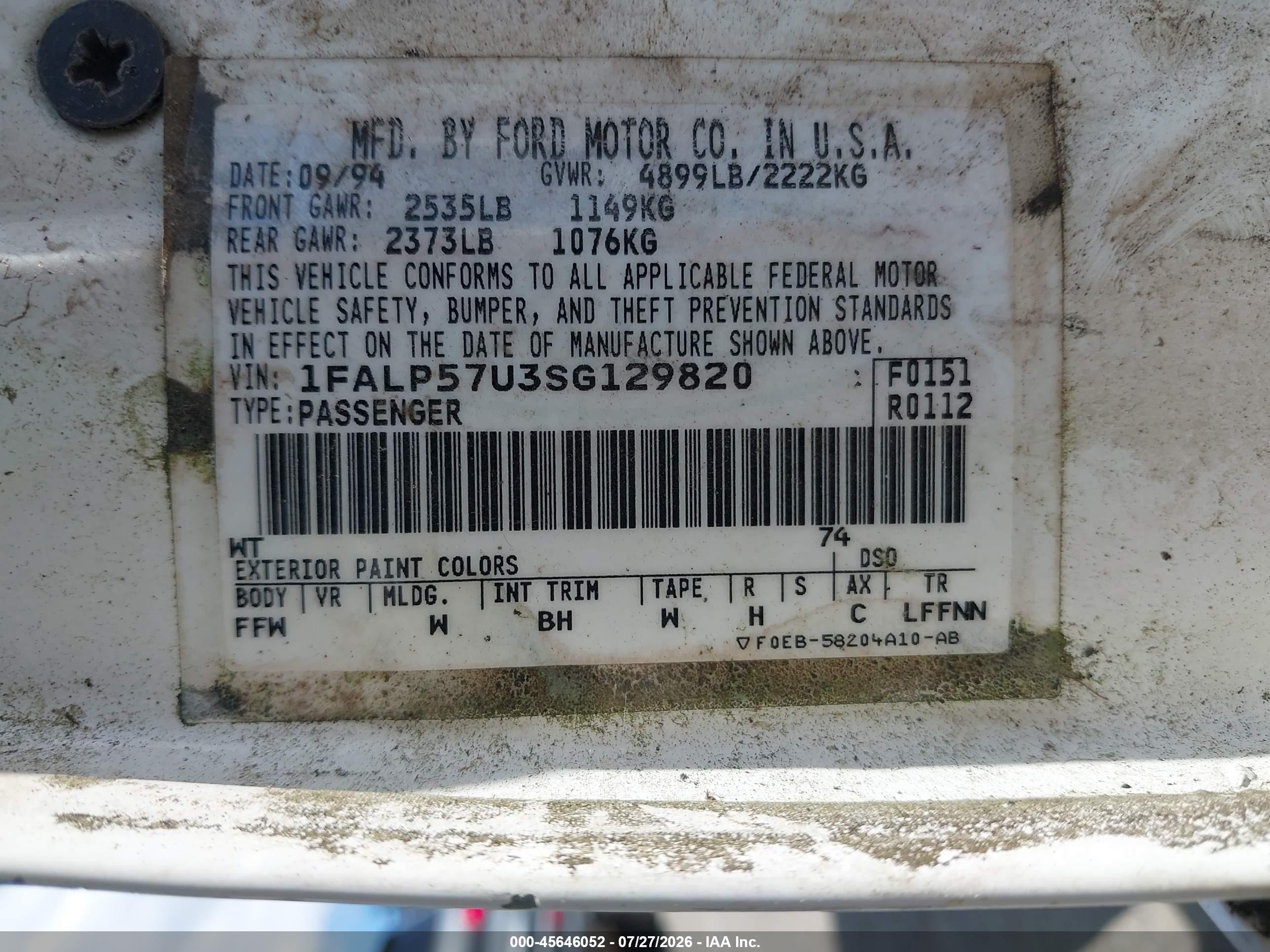 1995 Ford Taurus Gl White vin: 1FALP57U3SG129820