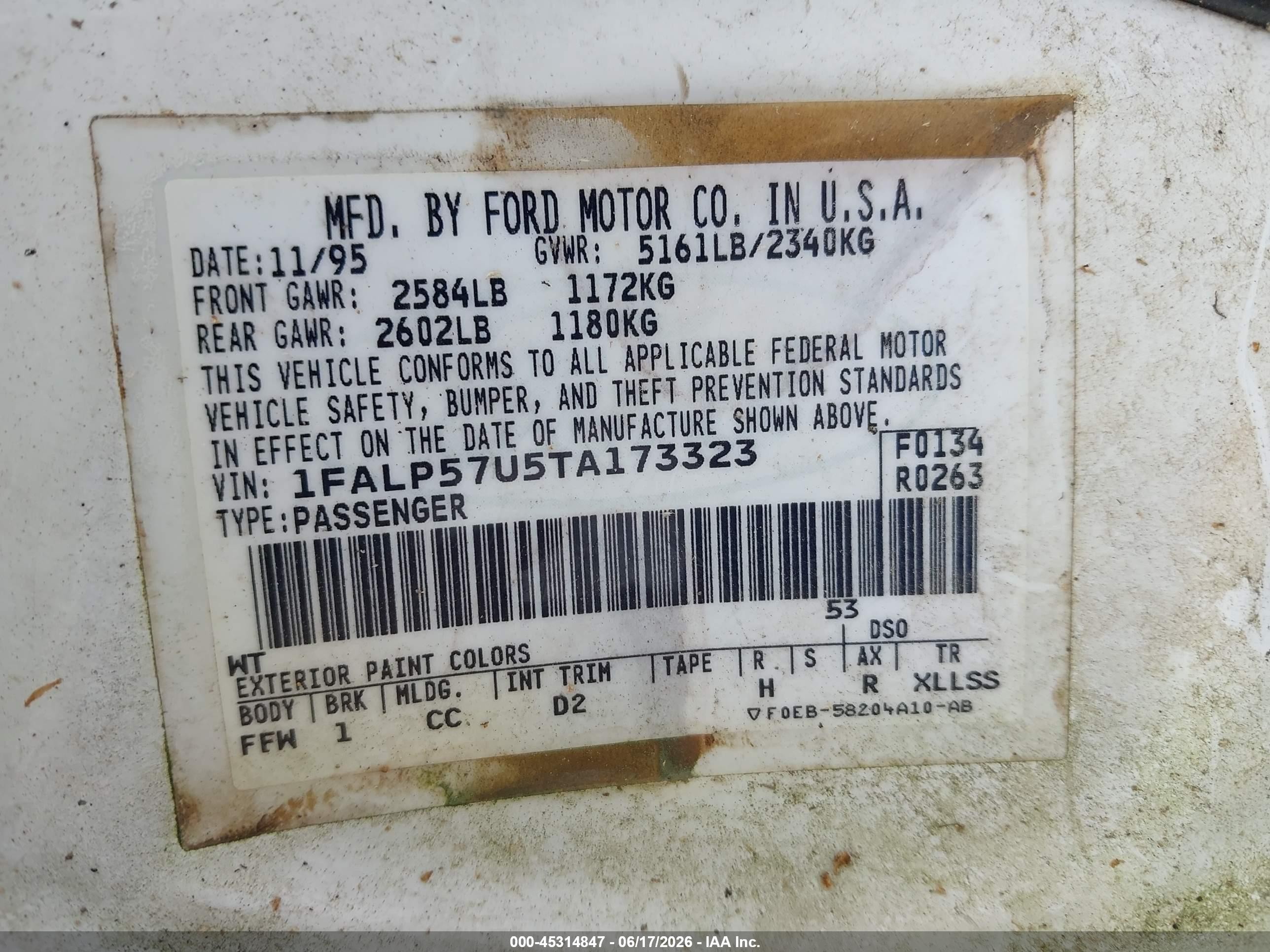 1996 Ford Taurus Gl White vin: 1FALP57U5TA173323