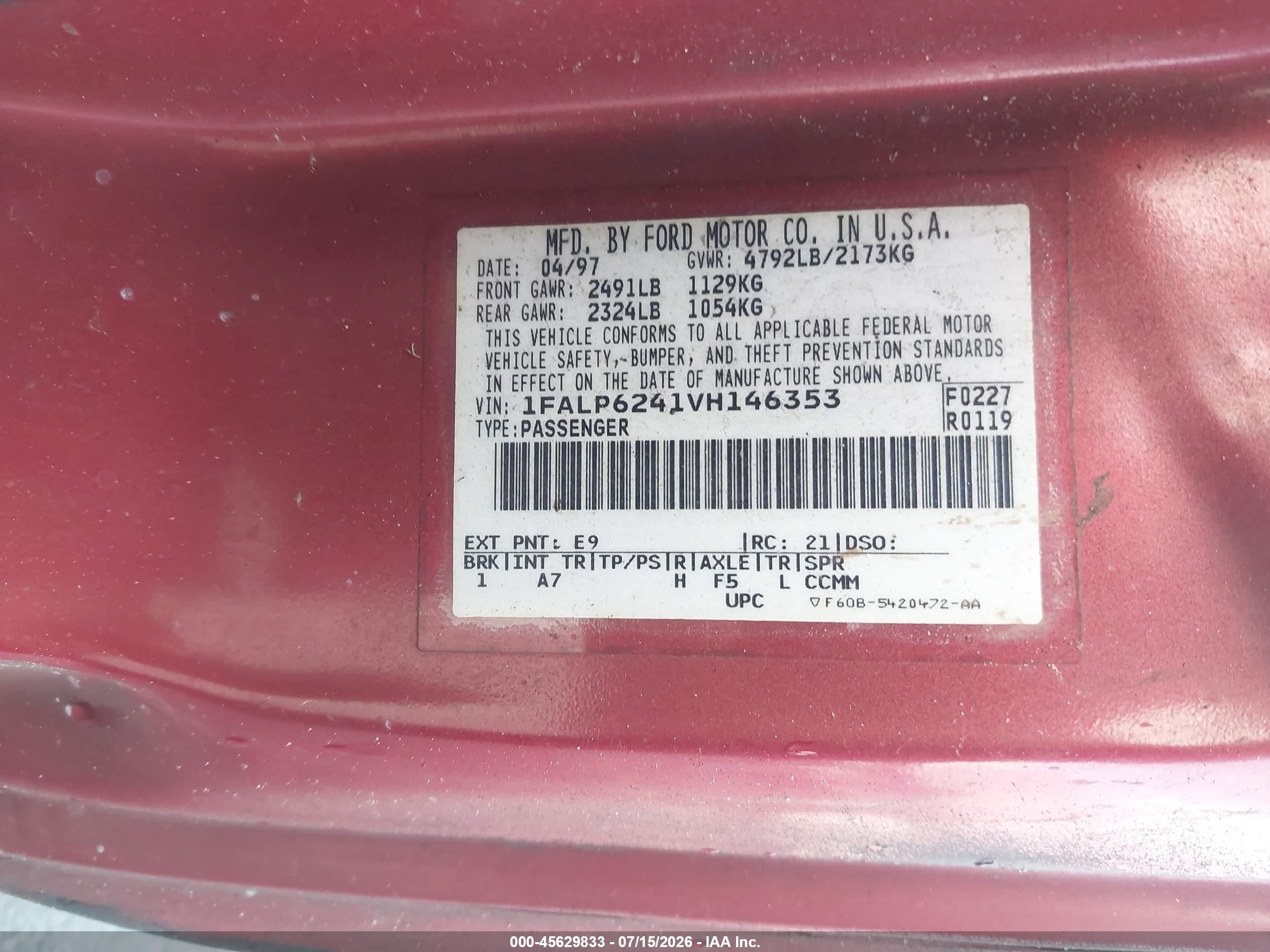 1997 Ford Thunderbird Lx Красный vin: 1FALP6241VH146353