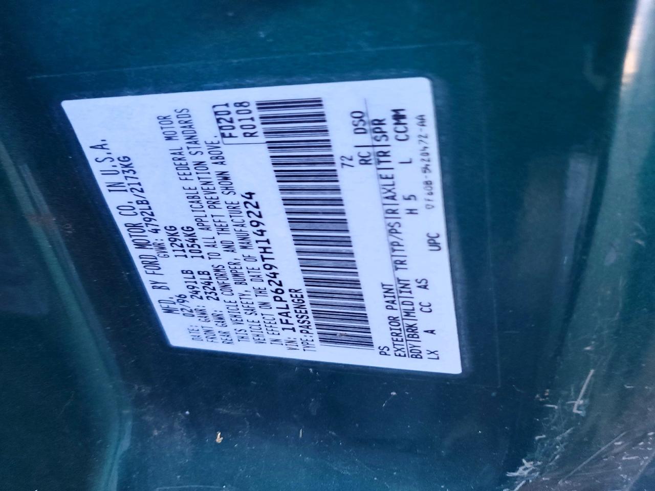 1996 Ford Thunderbird Lx Green vin: 1FALP6249TH149224