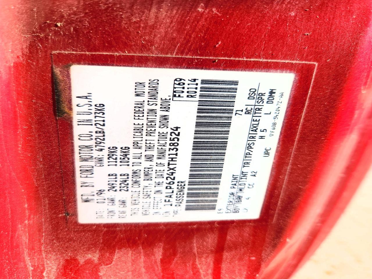 1996 Ford Thunderbird Lx Red vin: 1FALP624XTH138524