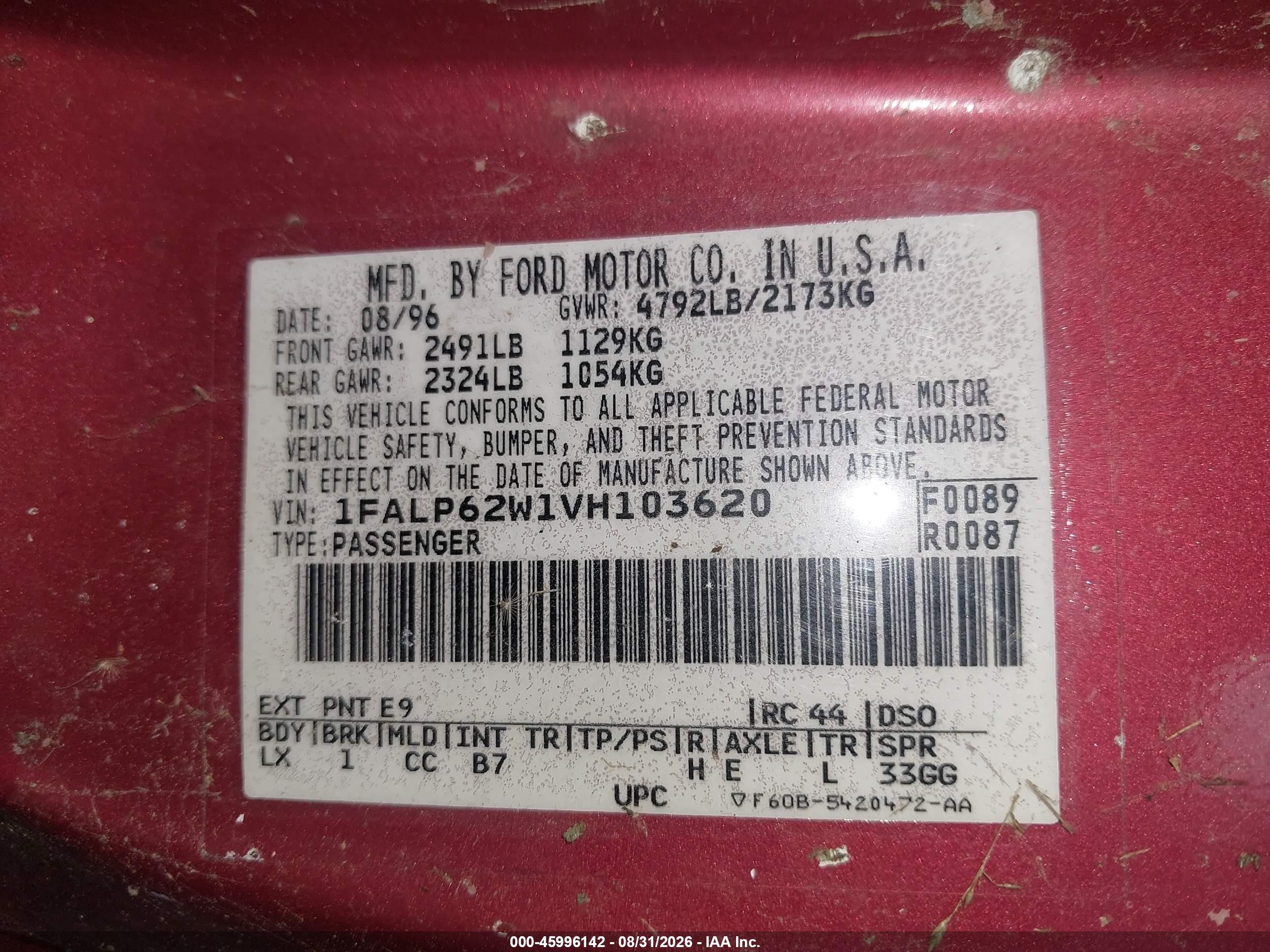 1997 Ford Thunderbird Lx Red vin: 1FALP62W1VH103620