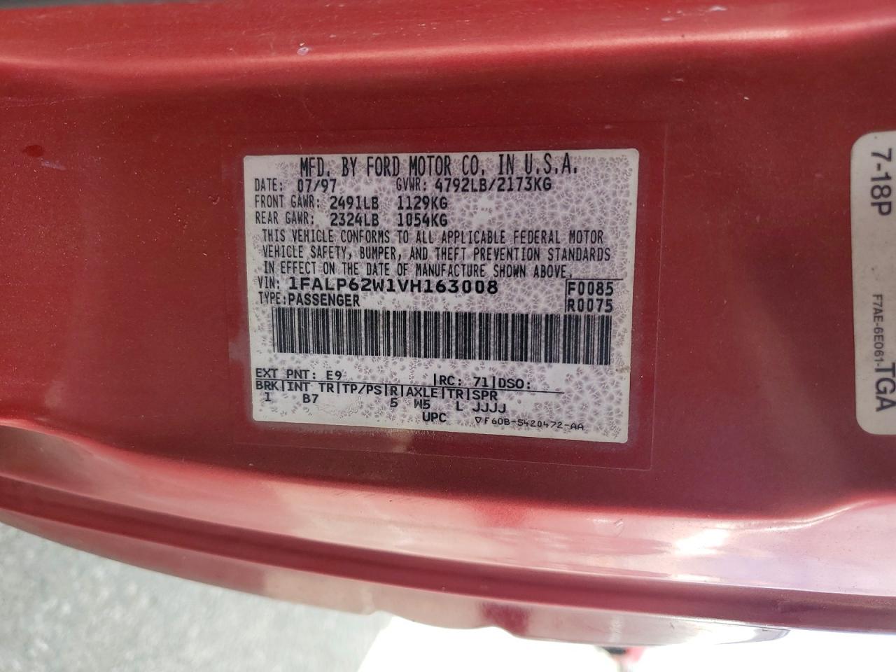 1997 Ford Thunderbird Lx Red vin: 1FALP62W1VH163008