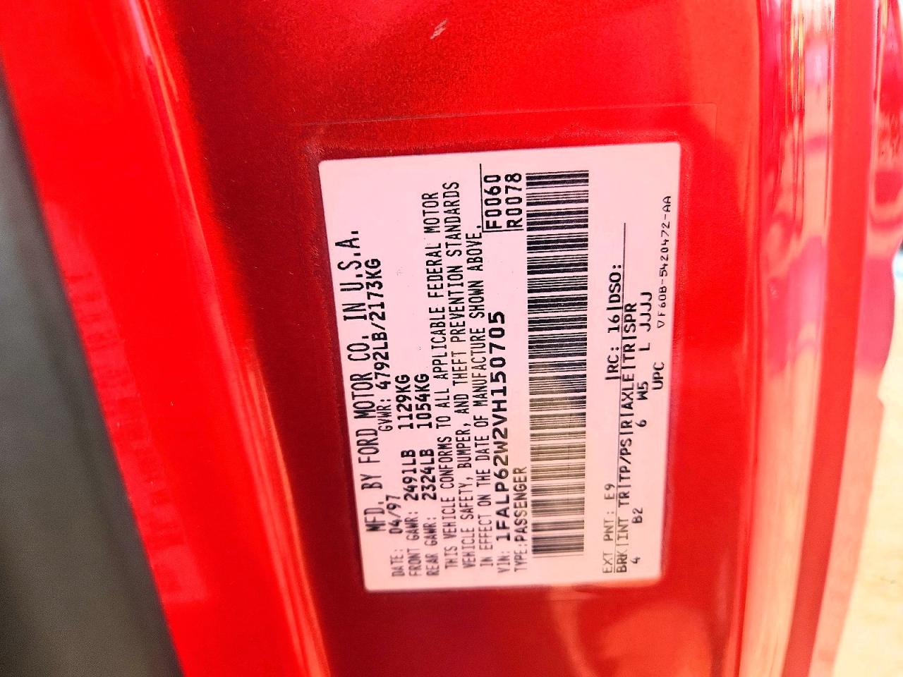 1997 Ford Thunderbird Lx Red vin: 1FALP62W2VH150705