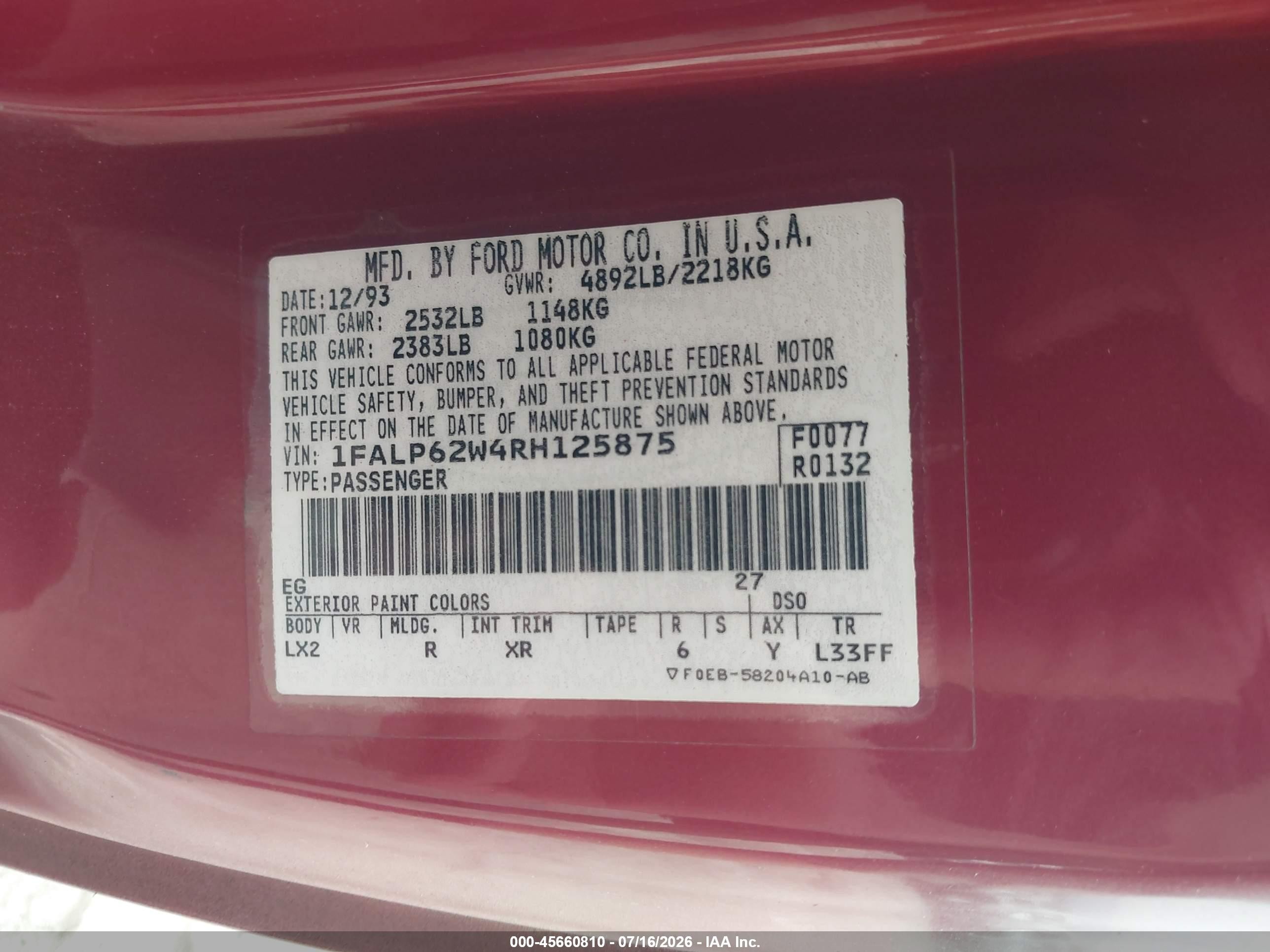 1994 Ford Thunderbird Lx Maroon vin: 1FALP62W4RH125875