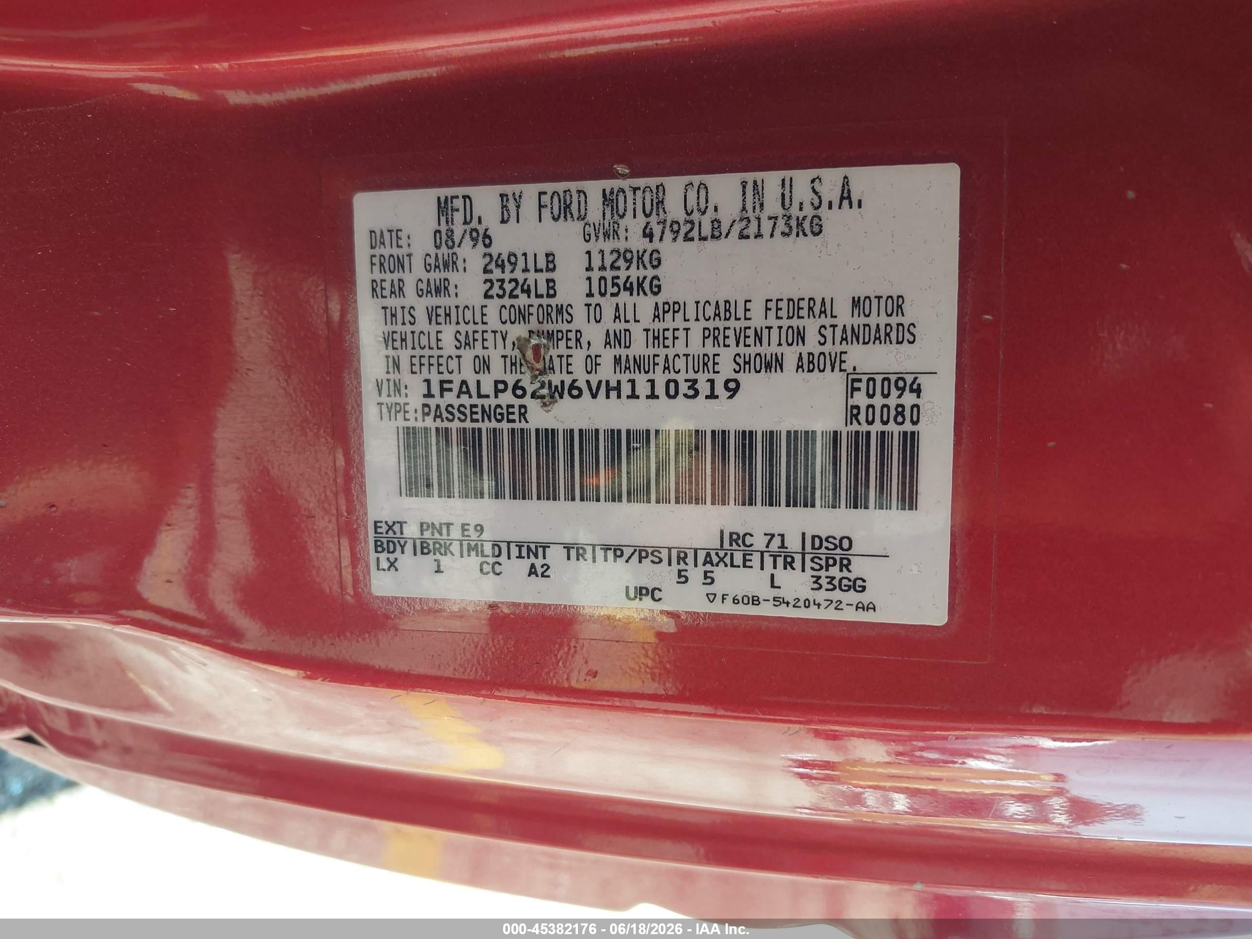 1997 Ford Thunderbird Lx Red vin: 1FALP62W6VH110319