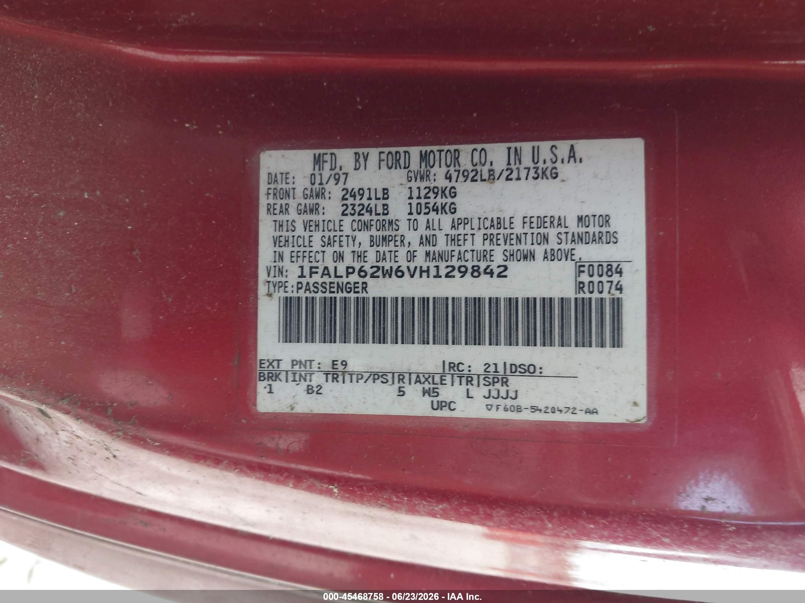 1997 Ford Thunderbird Lx Red vin: 1FALP62W6VH129842