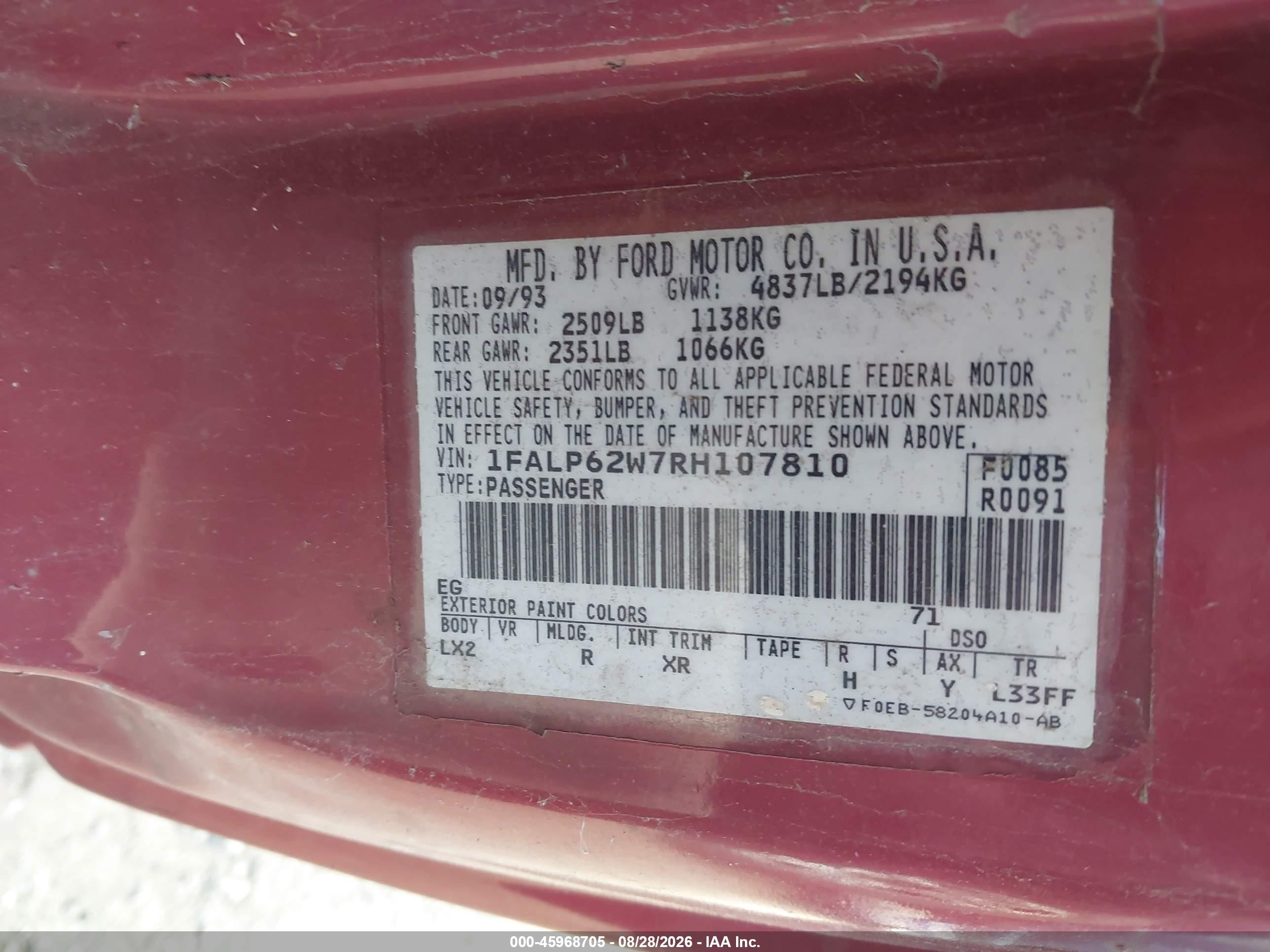 1994 Ford Thunderbird Lx Red vin: 1FALP62W7RH107810