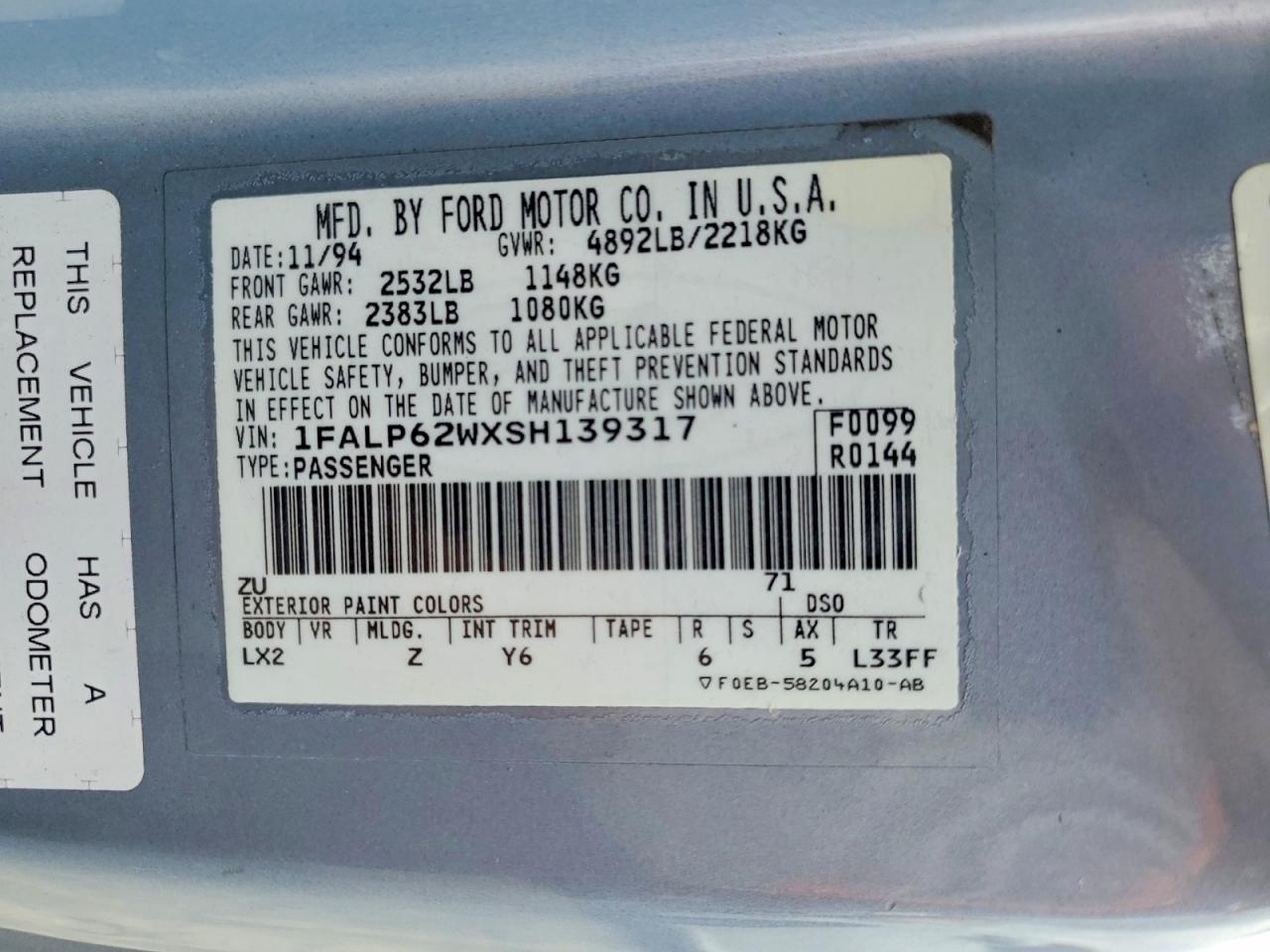 1995 Ford Thunderbird Lx Blue vin: 1FALP62WXSH139317