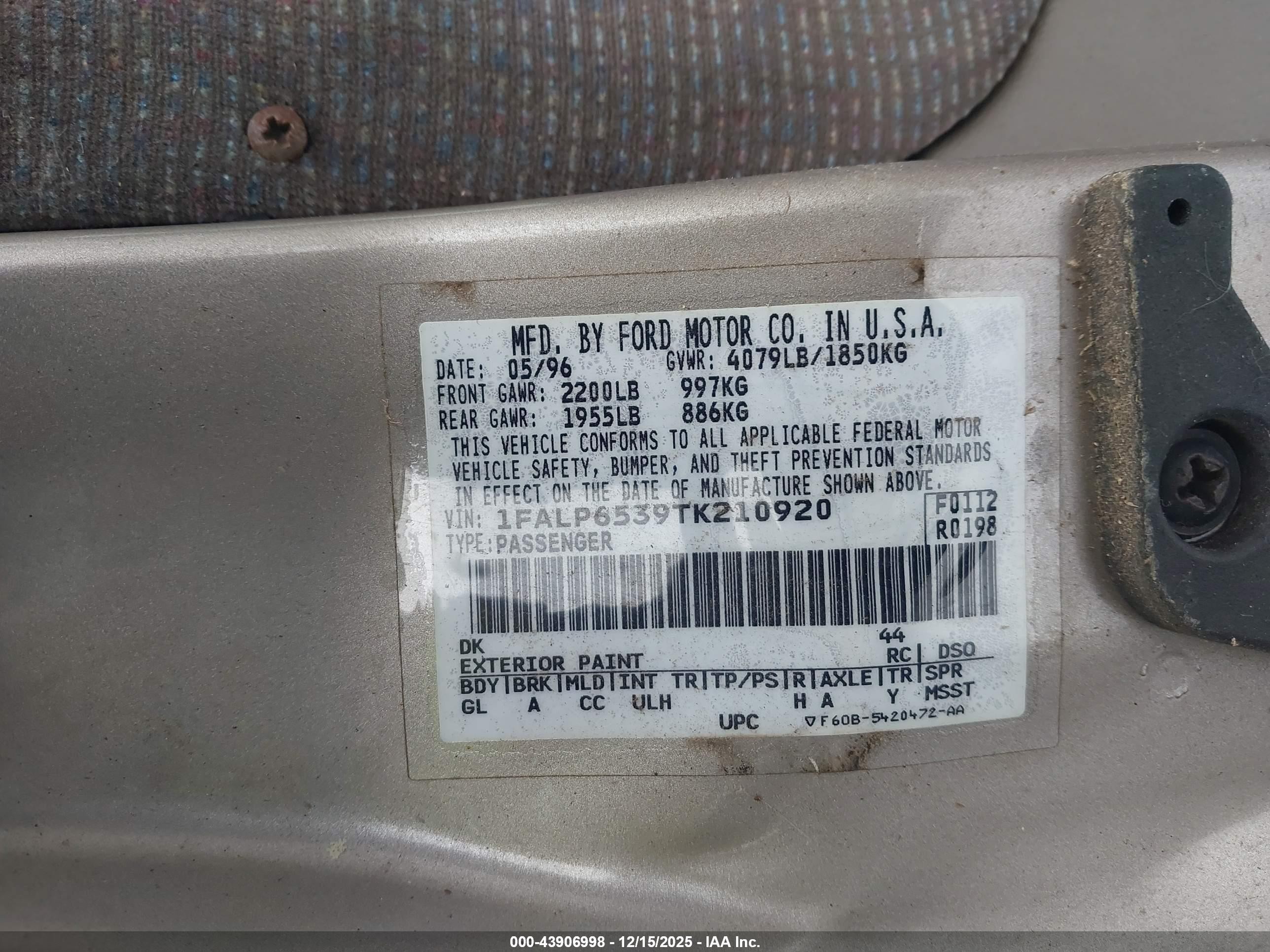 1996 Ford Contour Gl/sport Gray vin: 1FALP6539TK210920