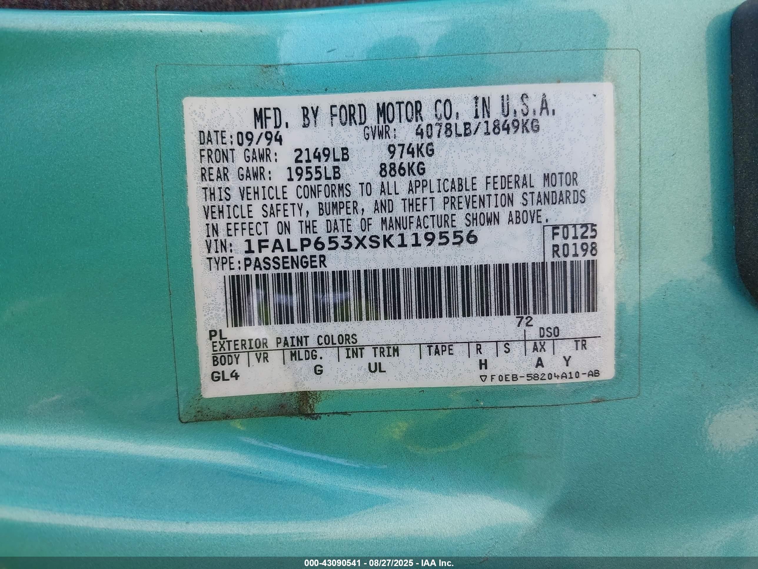 1995 Ford Contour Gl Turquoise vin: 1FALP653XSK119556