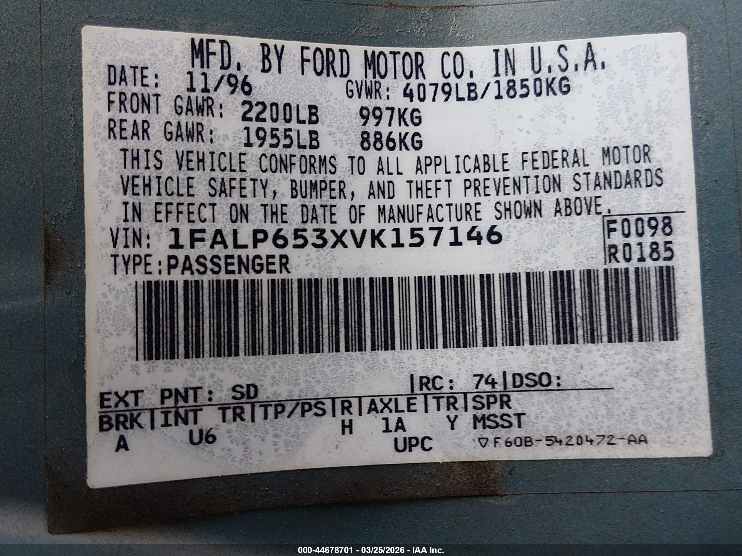 1997 Ford Contour Gl Light Blue vin: 1FALP653XVK157146