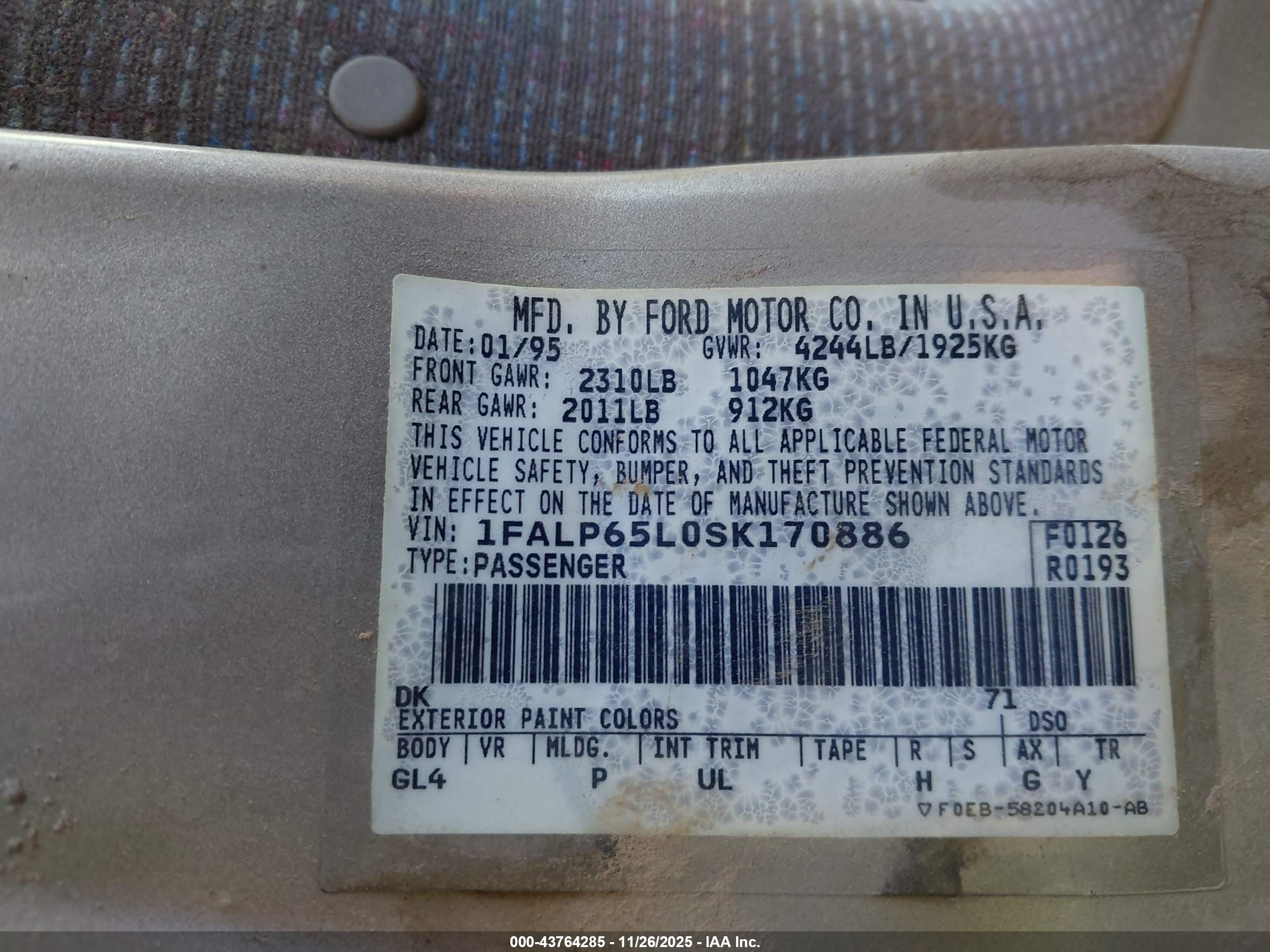 1995 Ford Contour Gl Gray vin: 1FALP65L0SK170886
