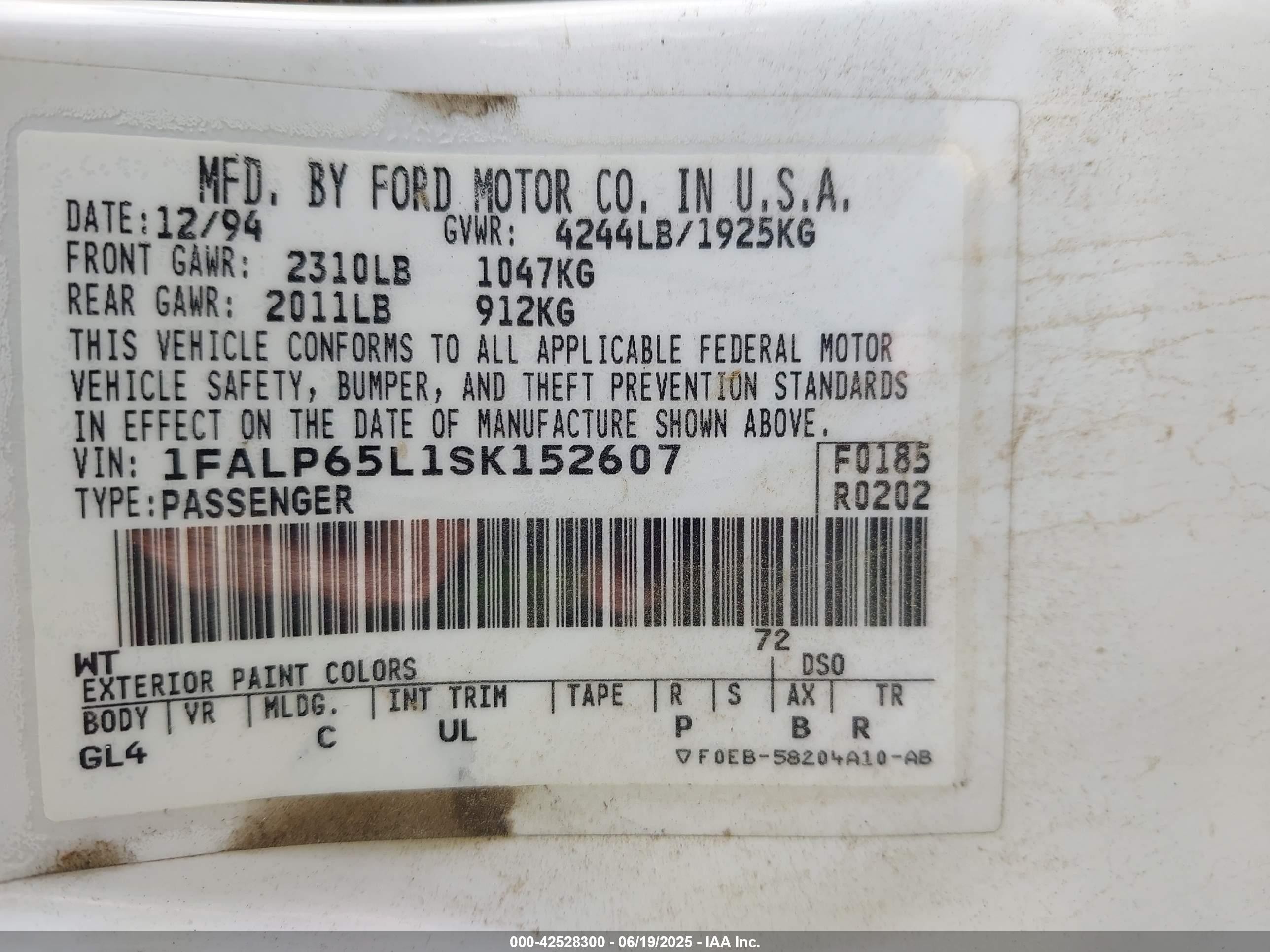 1995 Ford Contour Gl White vin: 1FALP65L1SK152607
