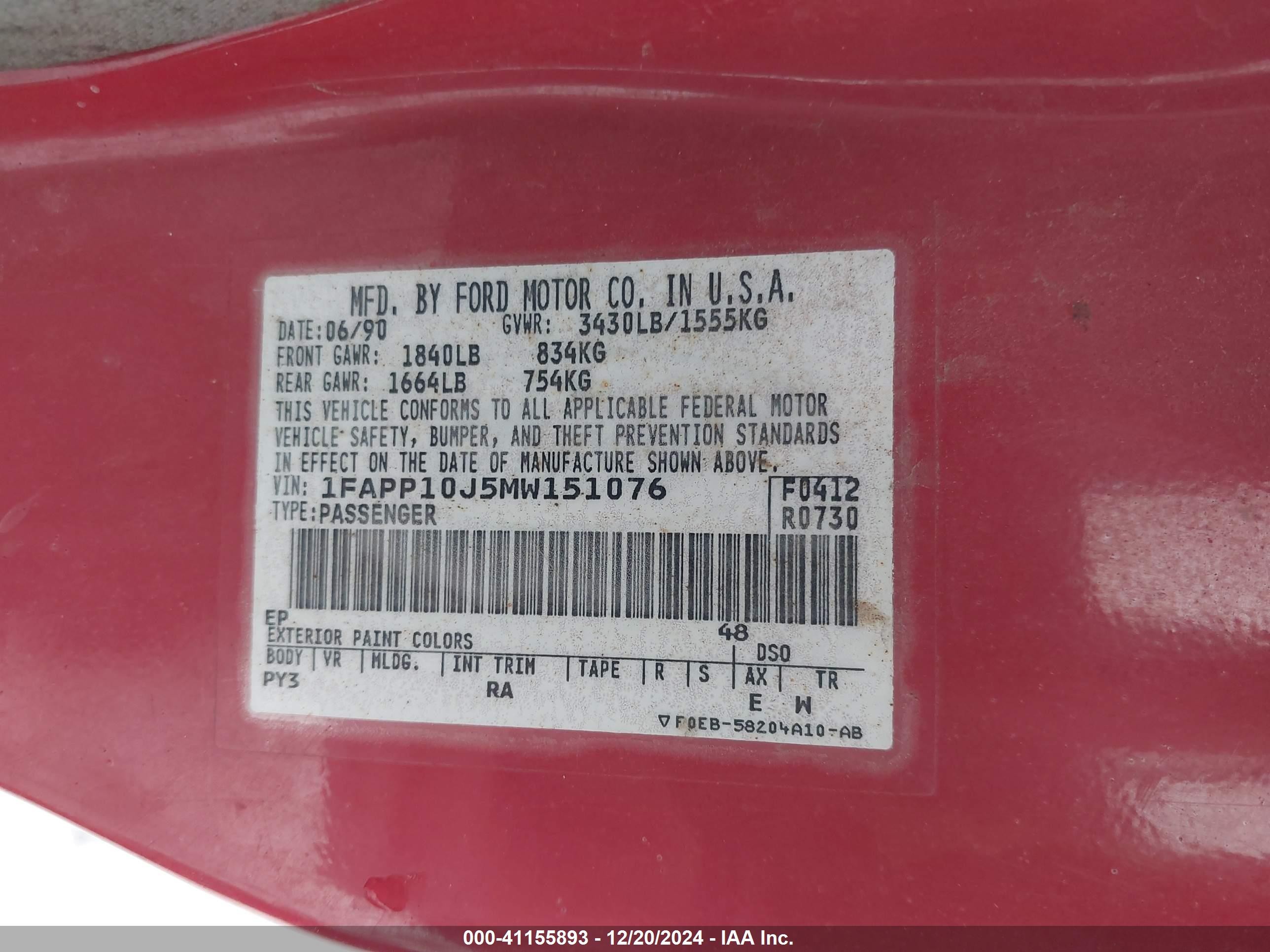 1991 Ford Escort Pony/l Red vin: 1FAPP10J5MW151076