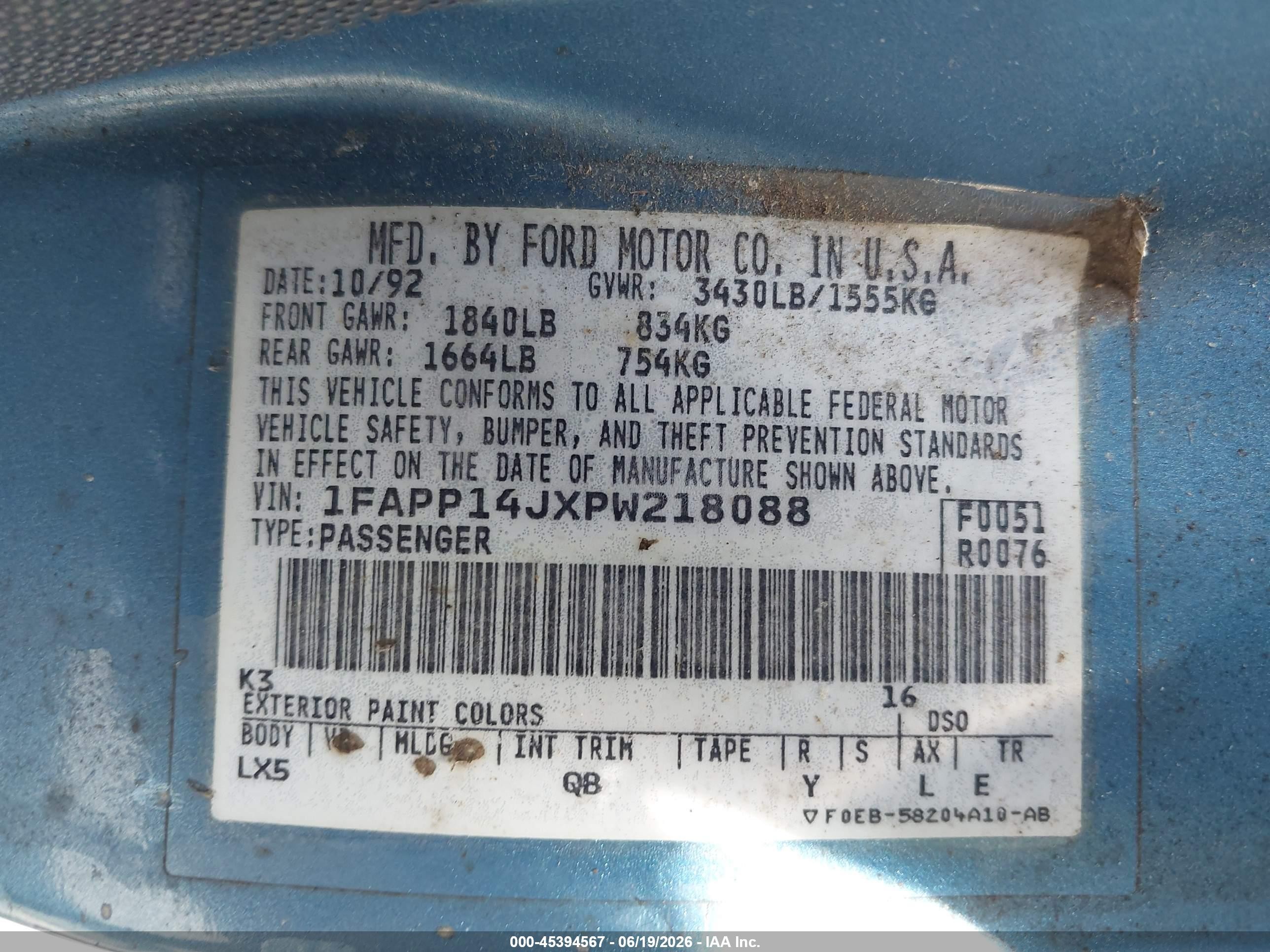 1993 Ford Escort Lx Blue vin: 1FAPP14JXPW218088