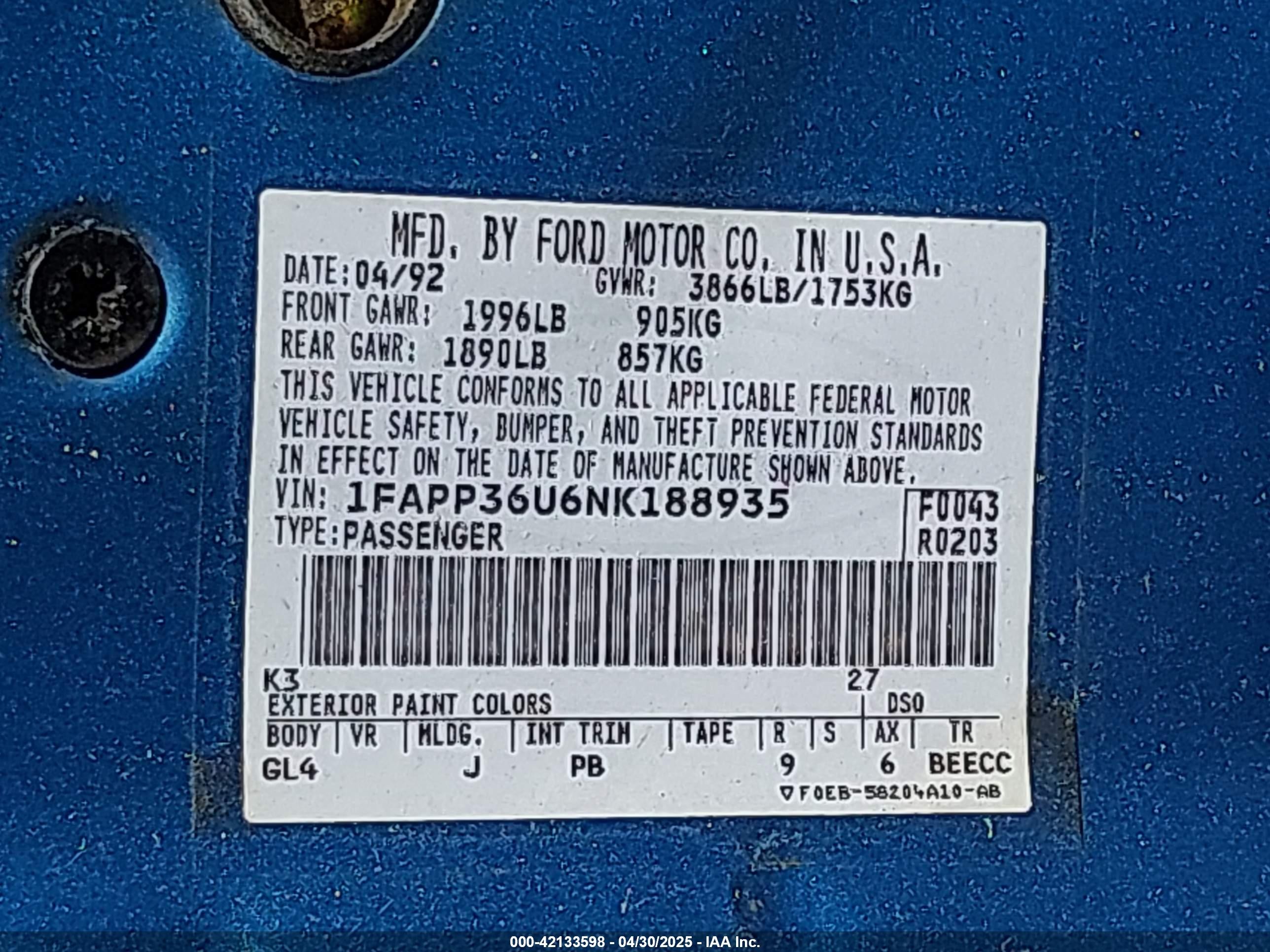 1992 Ford Tempo Gl Blue vin: 1FAPP36U6NK188935