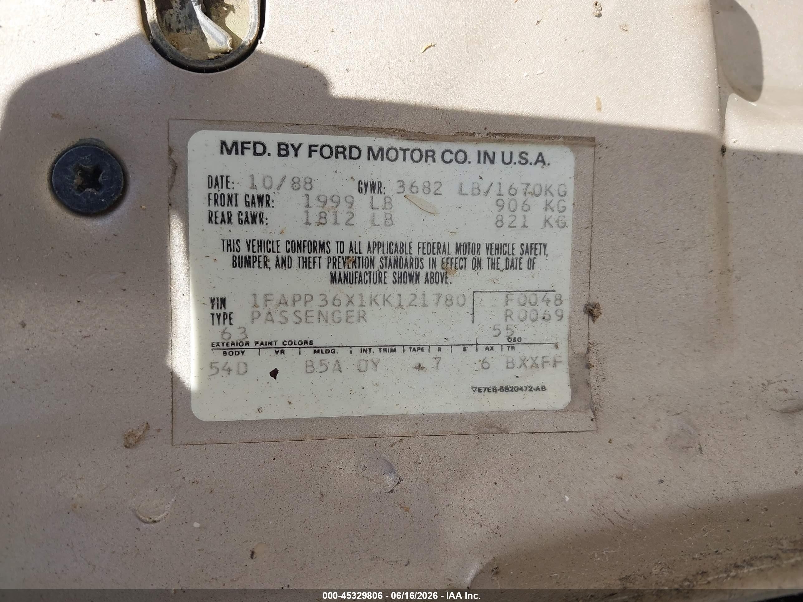 1989 Ford Tempo Gl Gold vin: 1FAPP36X1KK121780