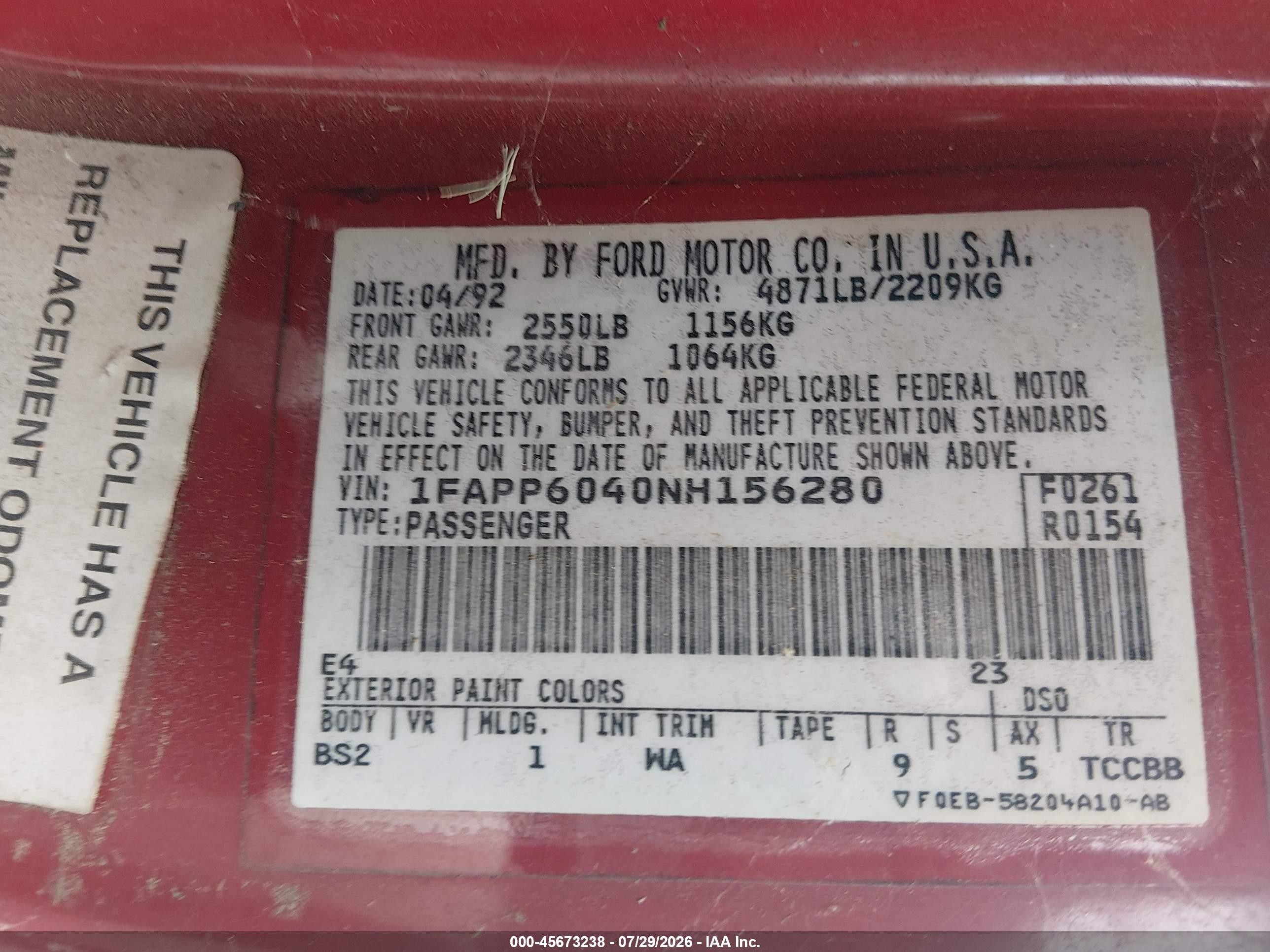 1992 Ford Thunderbird   Red vin: 1FAPP6040NH156280