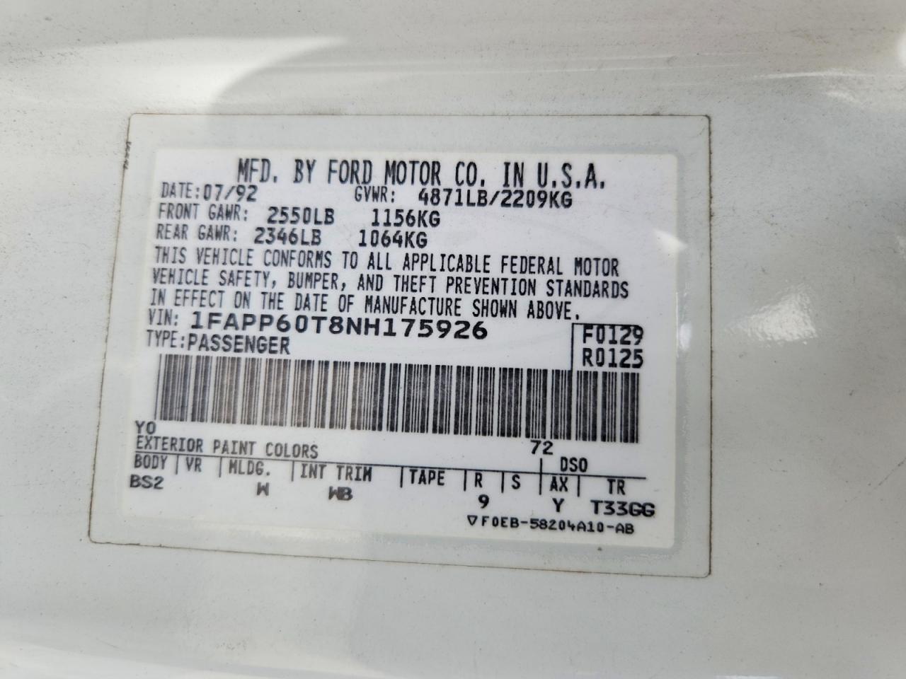 1992 Ford Thunderbird White vin: 1FAPP60T8NH175926