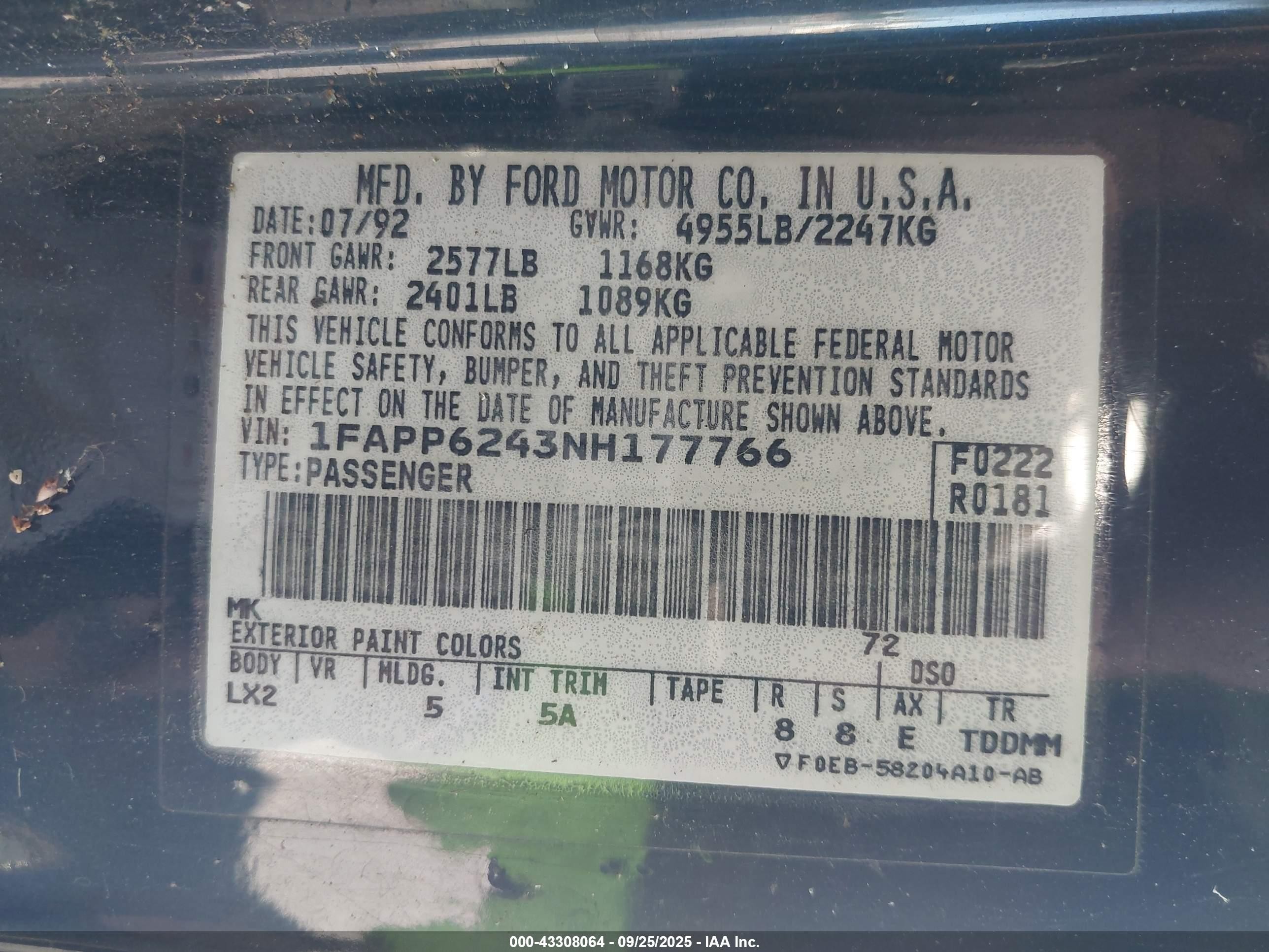 1992 Ford Thunderbird Lx Blue vin: 1FAPP6243NH177766