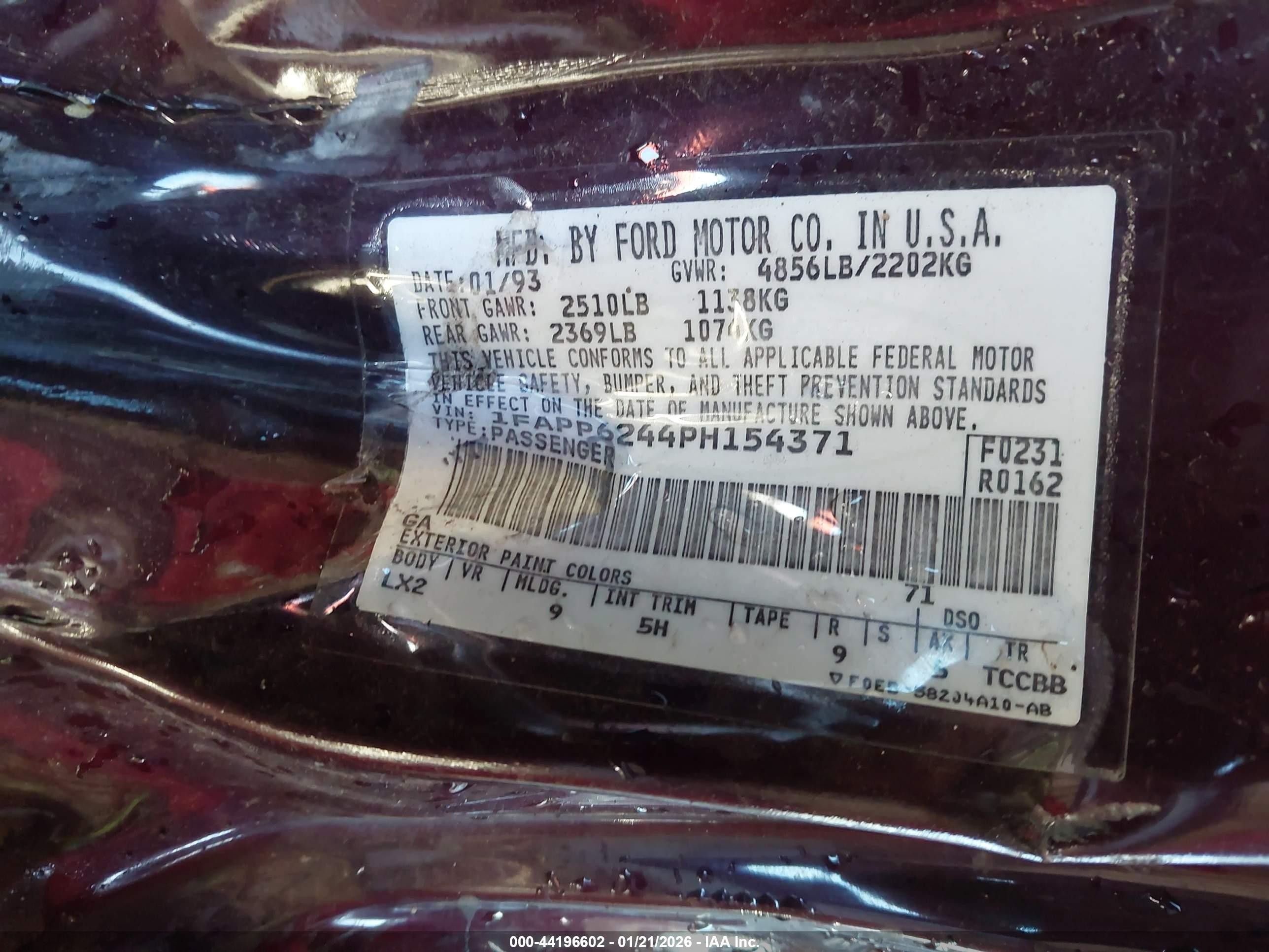 1993 Ford Thunderbird Lx Maroon vin: 1FAPP6244PH154371
