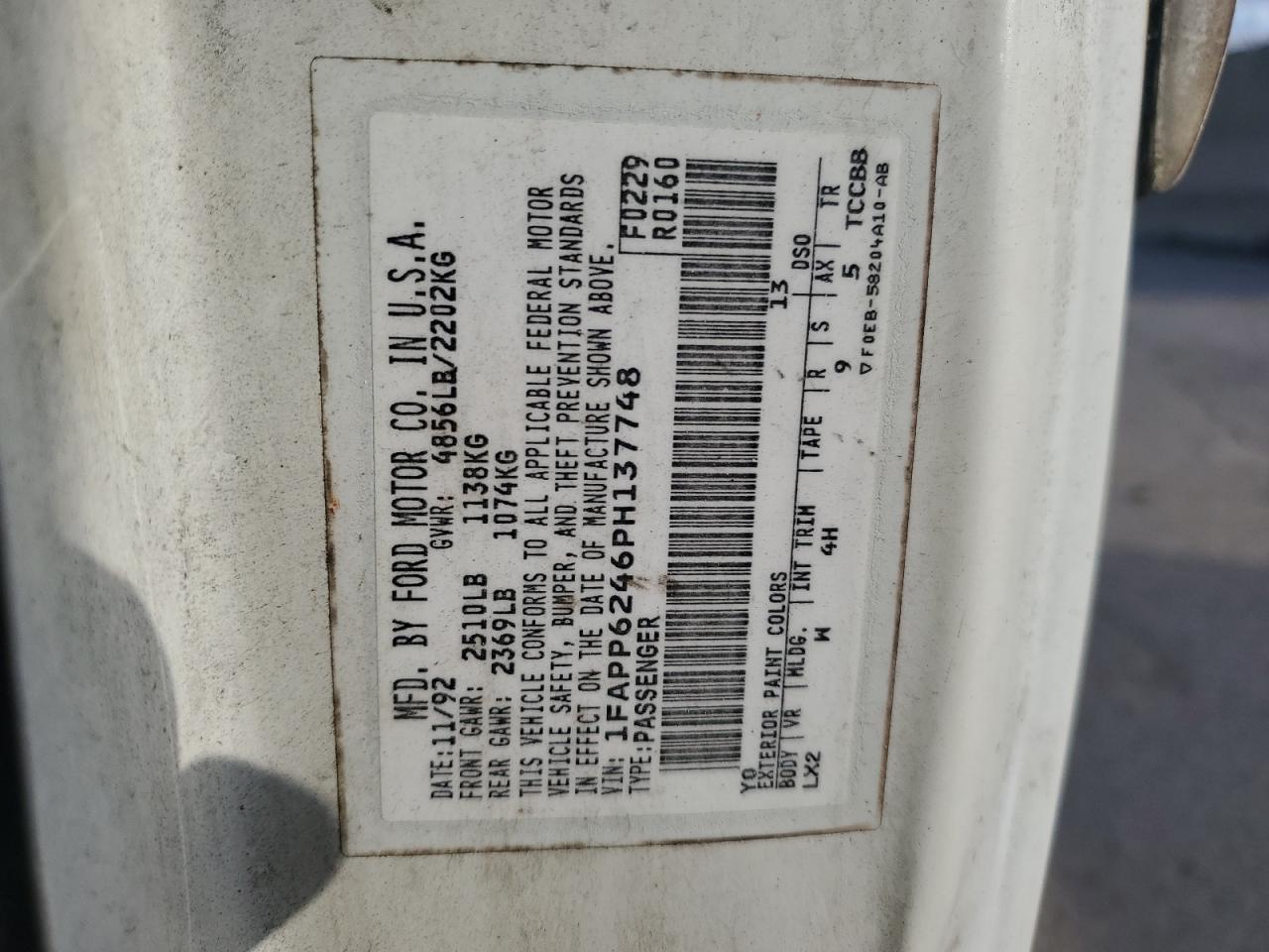 1992 Ford Thunderbird Lx White vin: 1FAPP6246PH137748