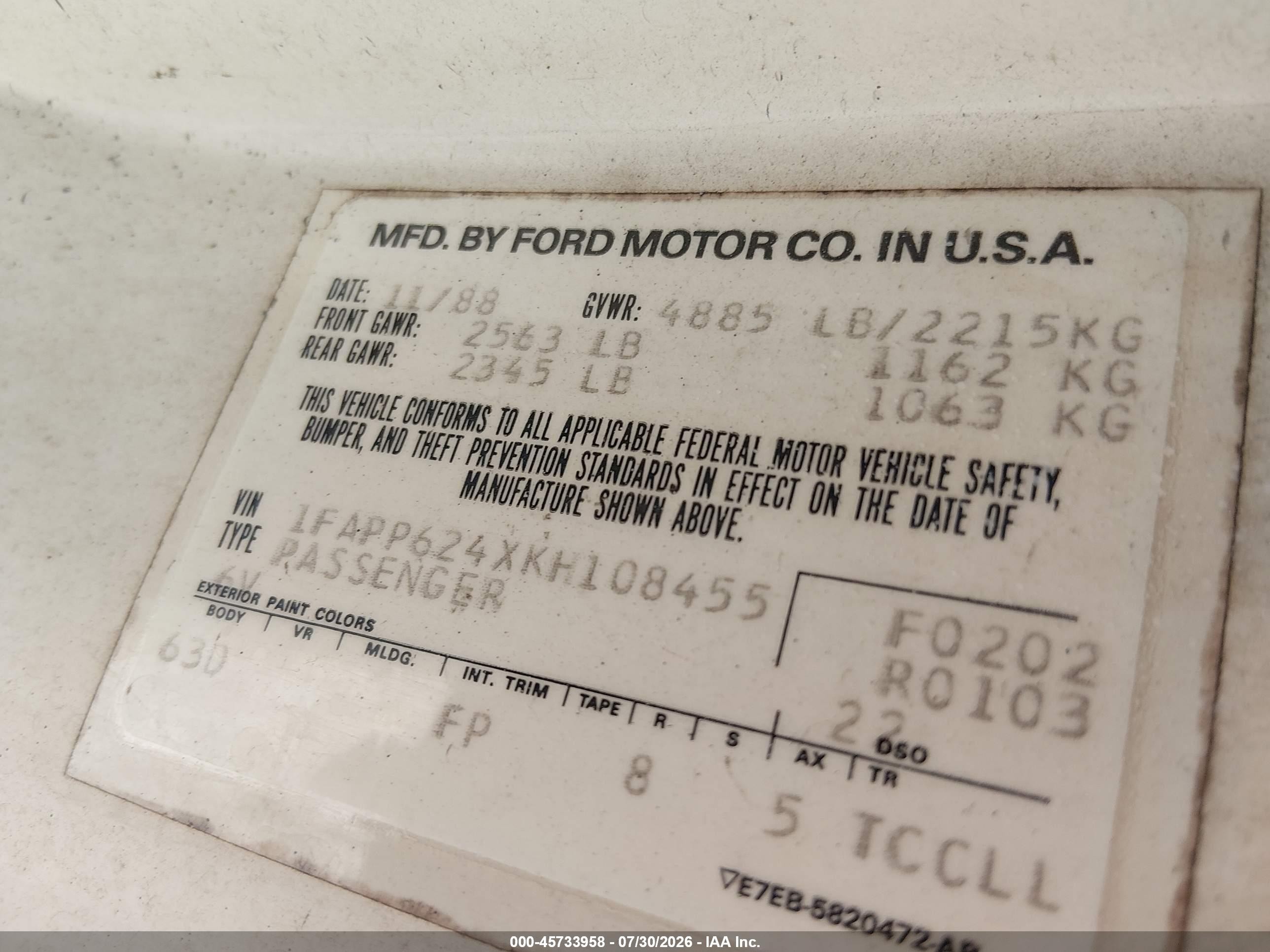 1989 Ford Thunderbird Lx White vin: 1FAPP624XKH108455