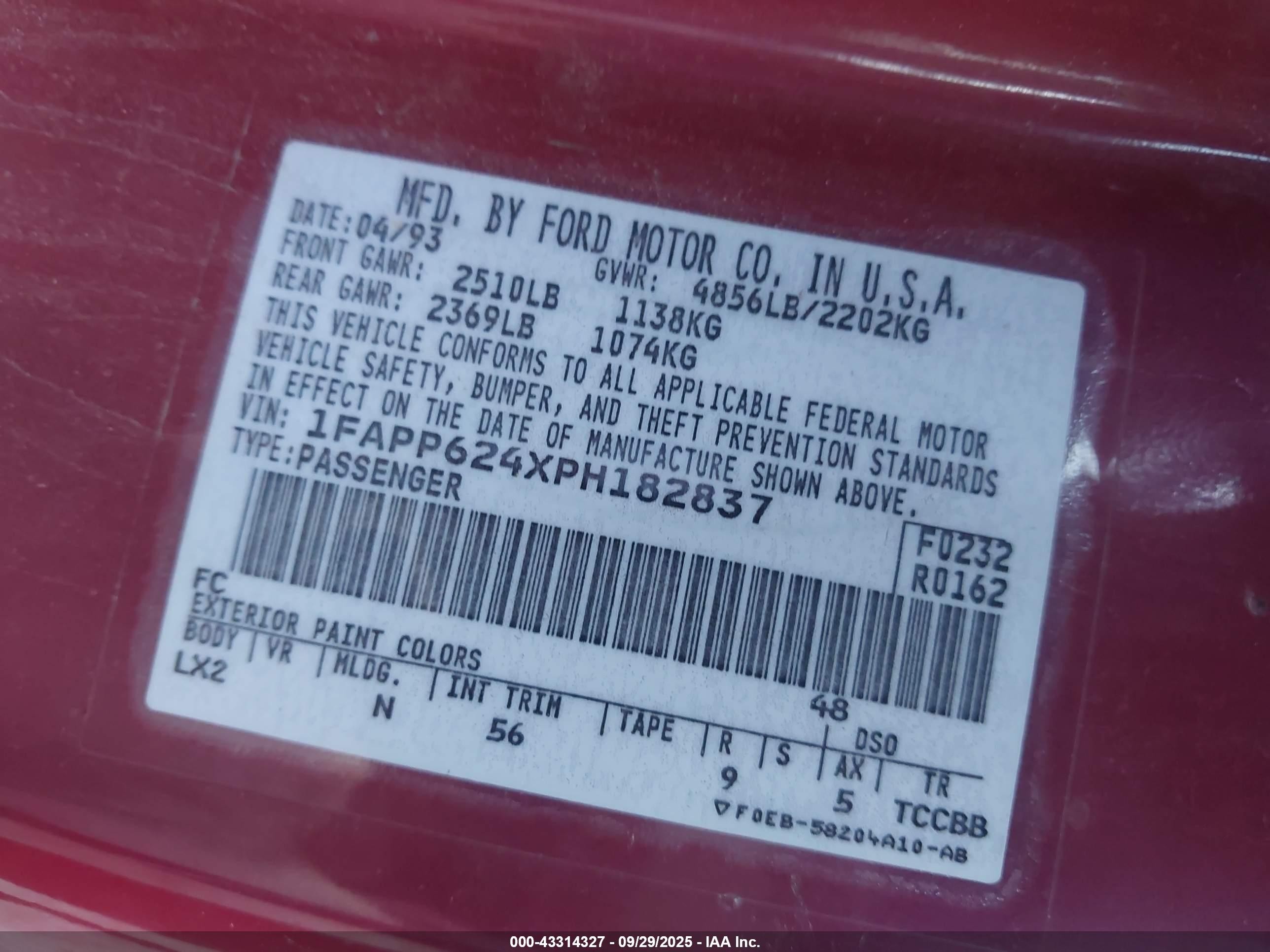 1993 Ford Thunderbird Lx Red vin: 1FAPP624XPH182837