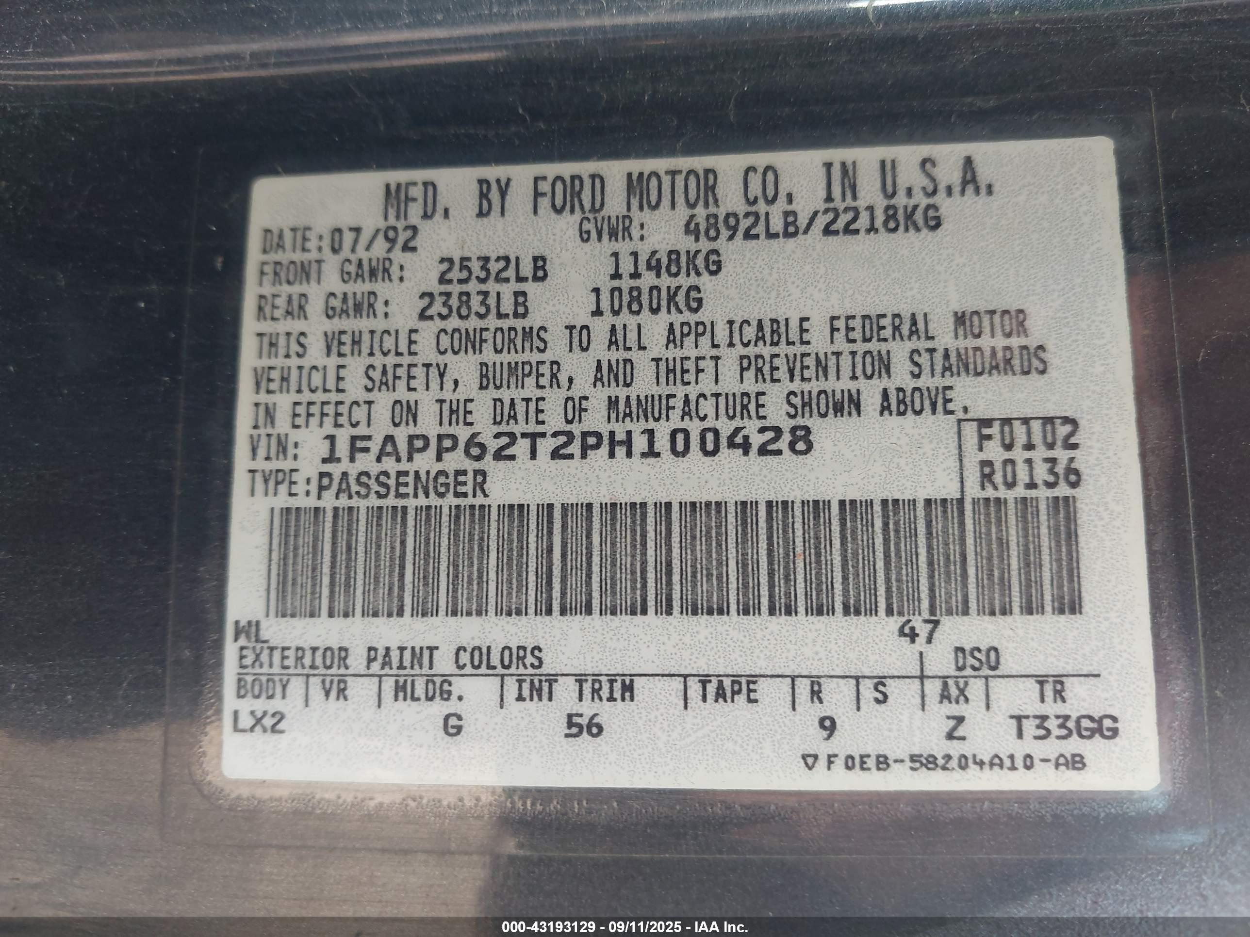 1993 Ford Thunderbird Lx Black vin: 1FAPP62T2PH100428