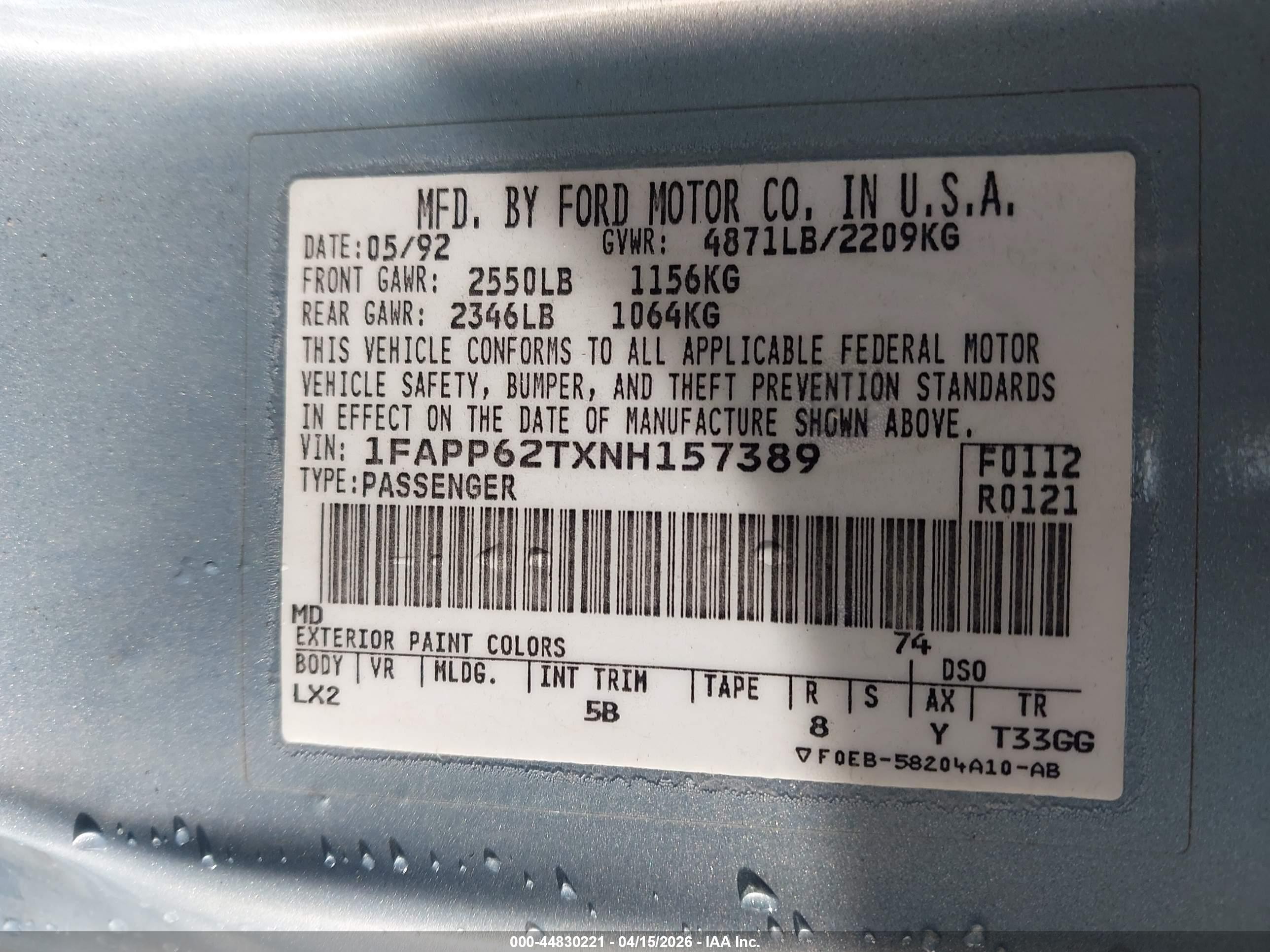 1992 Ford Thunderbird Lx Light Blue vin: 1FAPP62TXNH157389