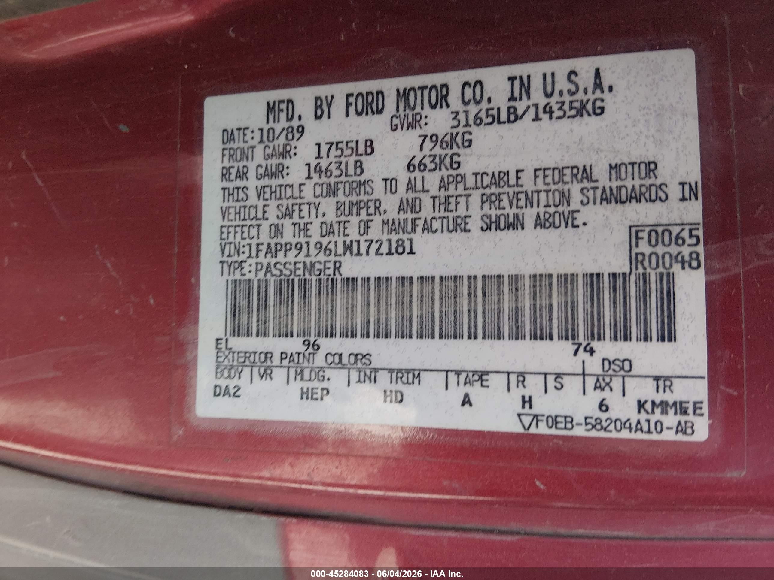 1990 Ford Escort Lx Red vin: 1FAPP9196LW172181