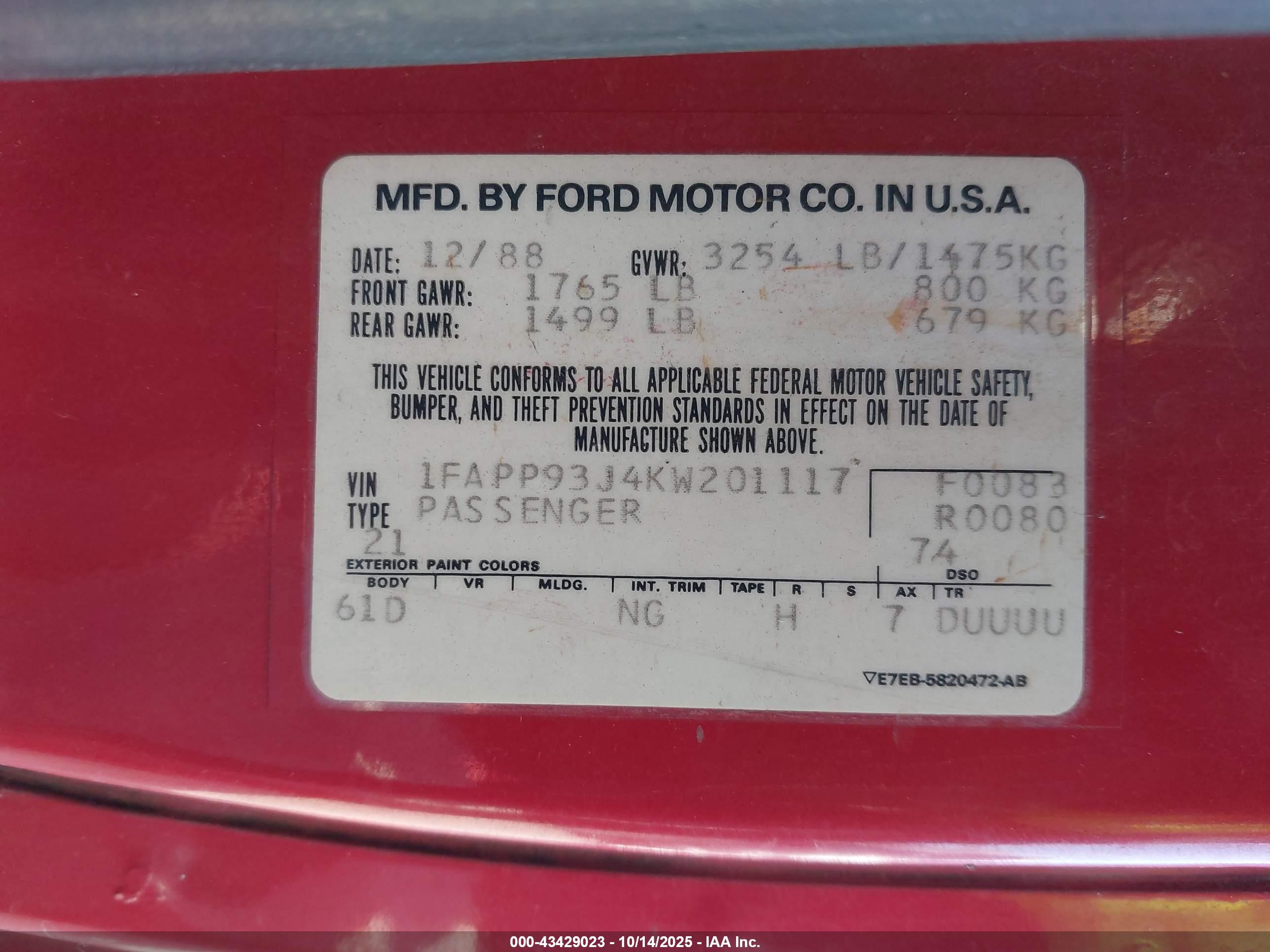1989 Ford Escort Gt Red vin: 1FAPP93J4KW201117