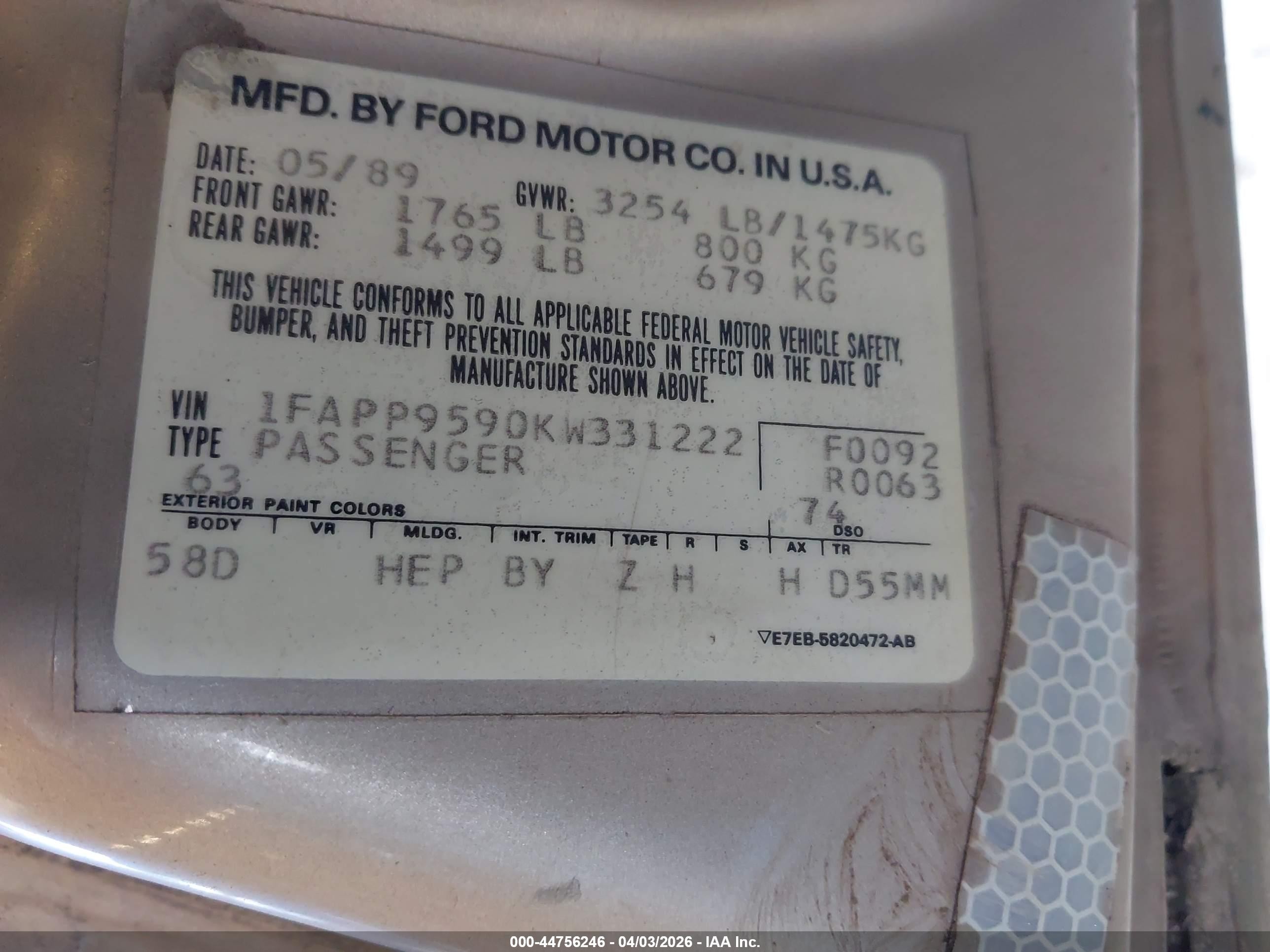 1989 Ford Escort Lx Бежевый vin: 1FAPP9590KW331222