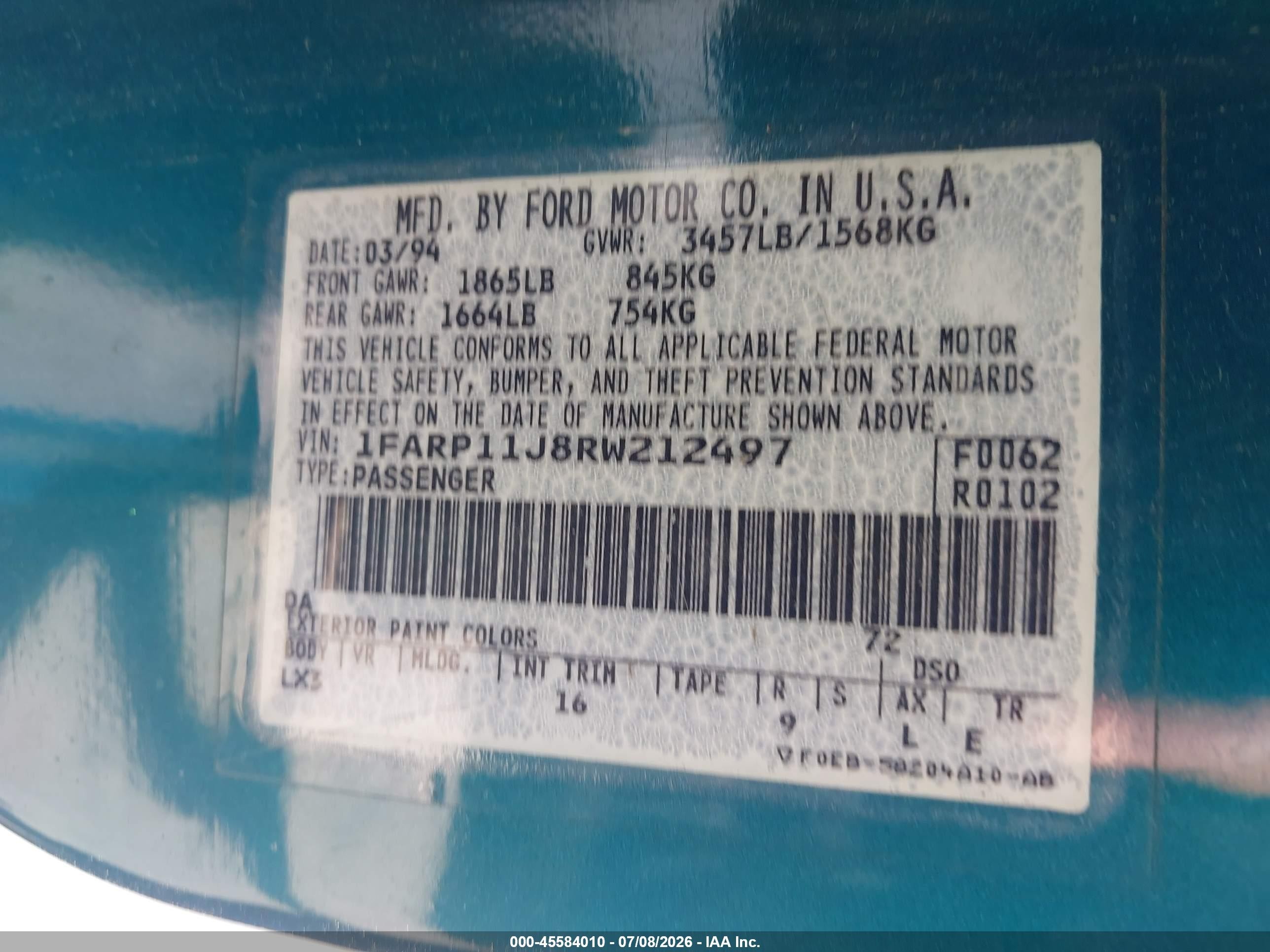 1994 Ford Escort Lx/sport Turquoise vin: 1FARP11J8RW212497