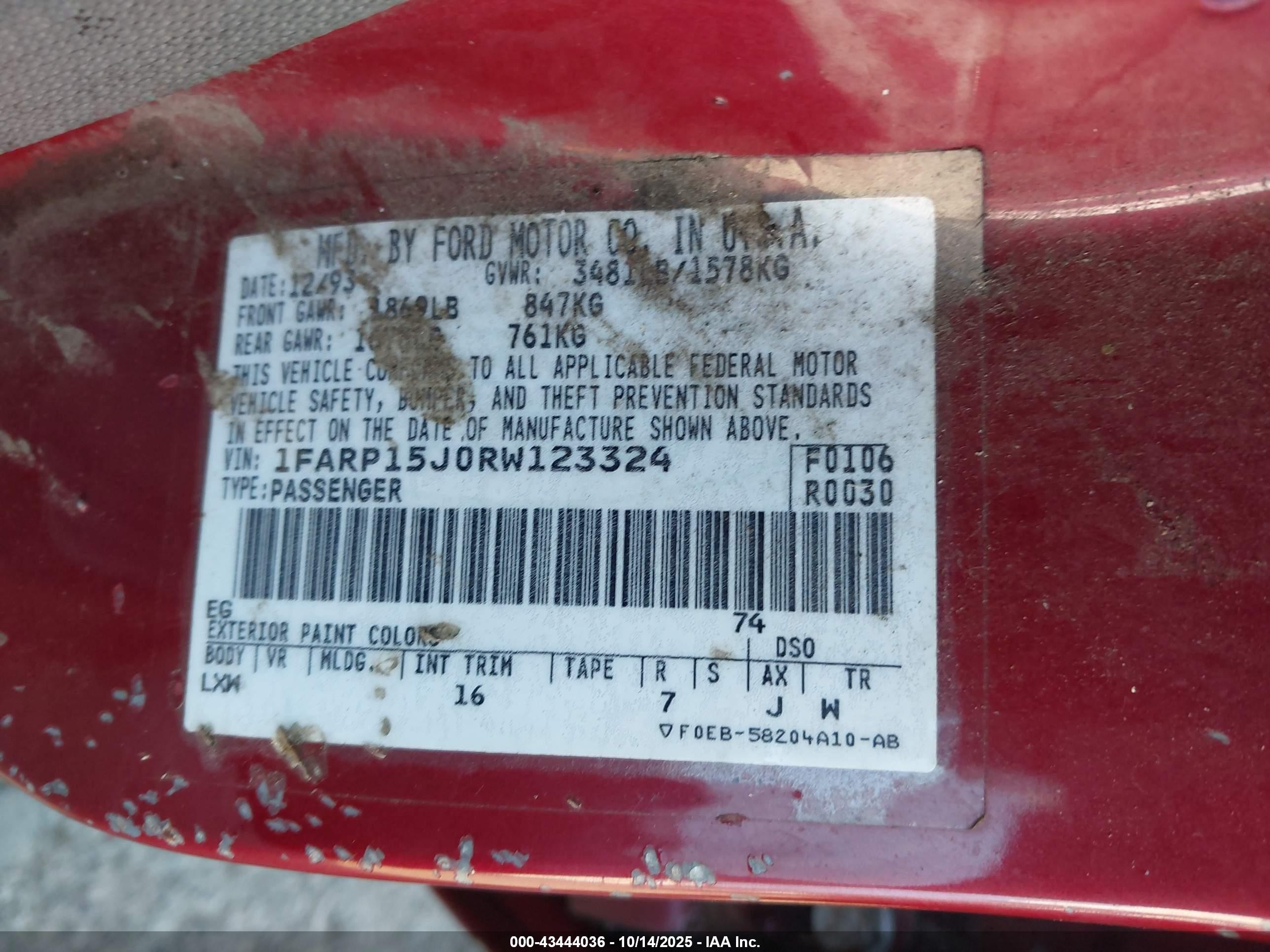 1994 Ford Escort Lx/sport Red vin: 1FARP15J0RW123324