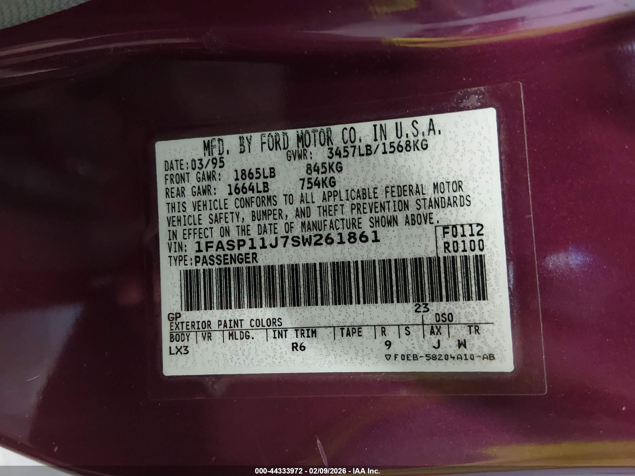 1995 Ford Escort Lx/sport Burgundy vin: 1FASP11J7SW261861