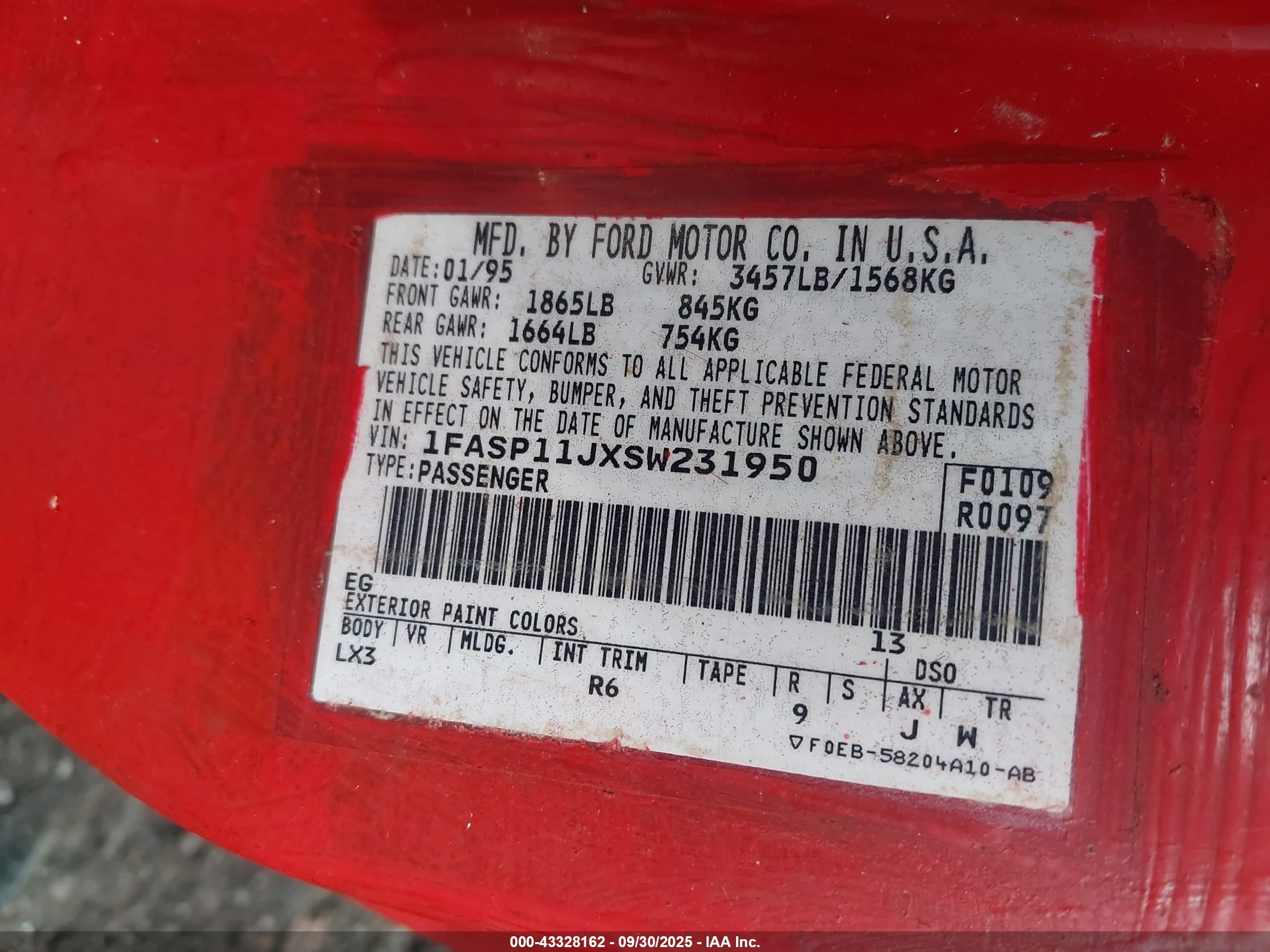 1995 Ford Escort Lx/sport Red vin: 1FASP11JXSW231950