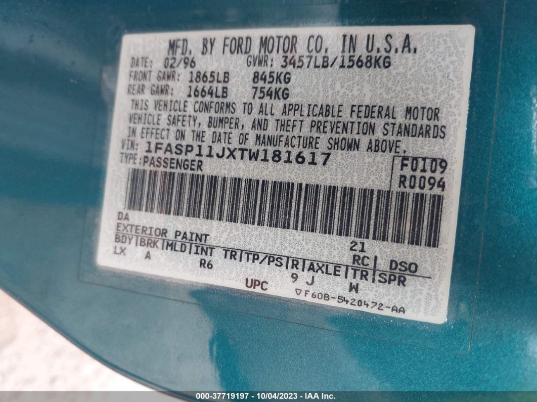 1996 Ford Escort Lx Green vin: 1FASP11JXTW181617