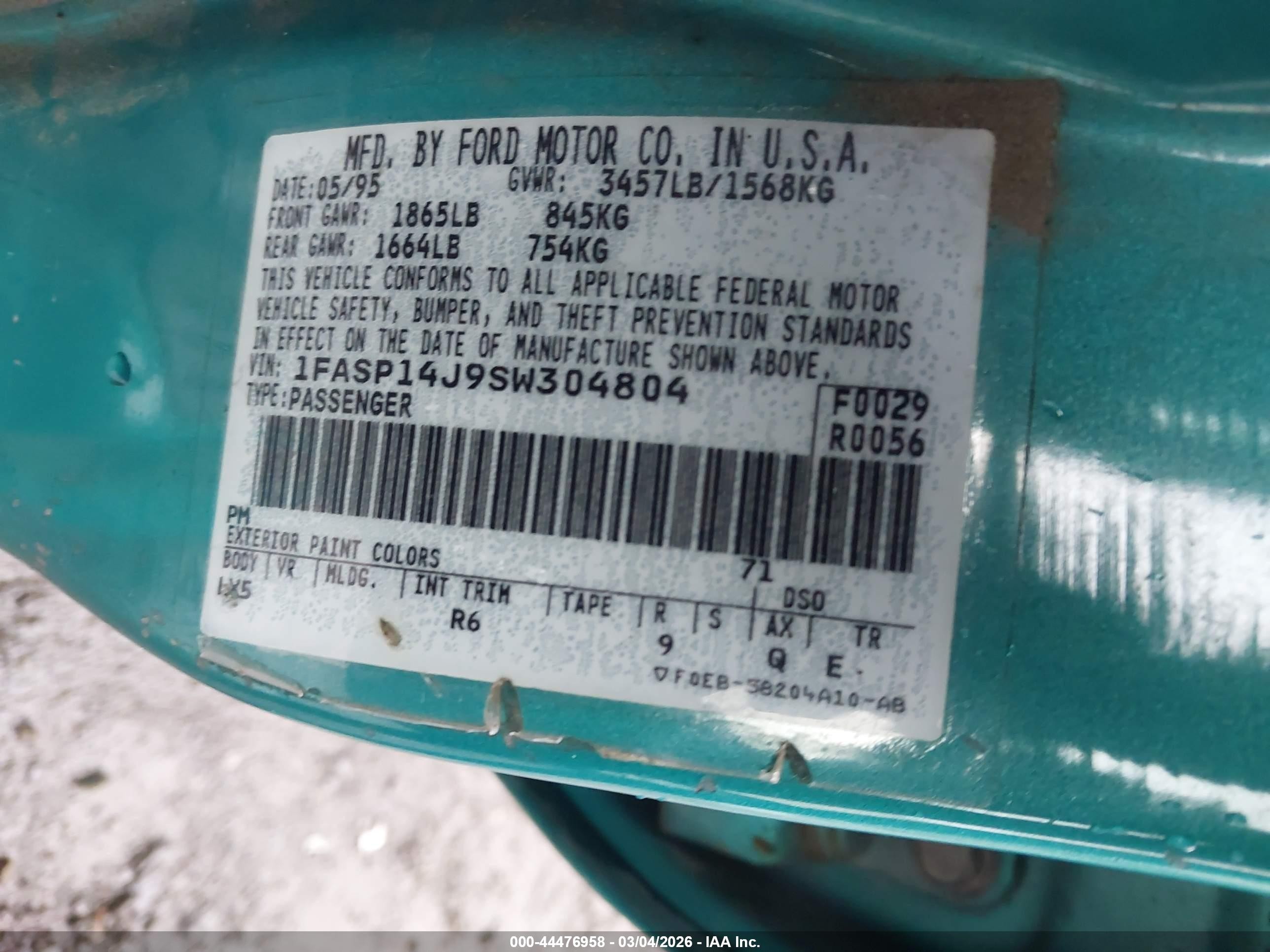 1995 Ford Escort Lx/sport Teal vin: 1FASP14J9SW304804