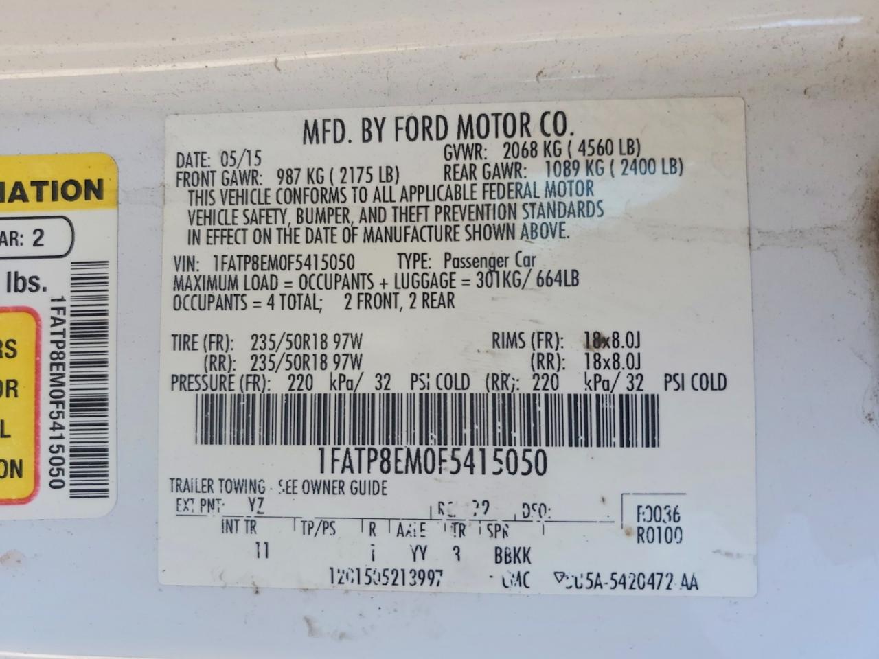 2015 Ford Mustang White vin: 1FATP8EM0F5415050