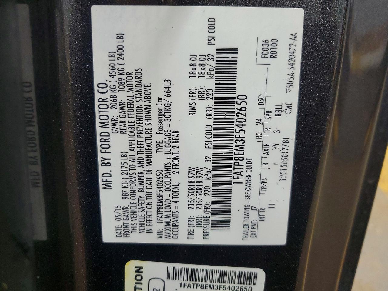 2015 Ford Mustang Gray vin: 1FATP8EM3F5402650